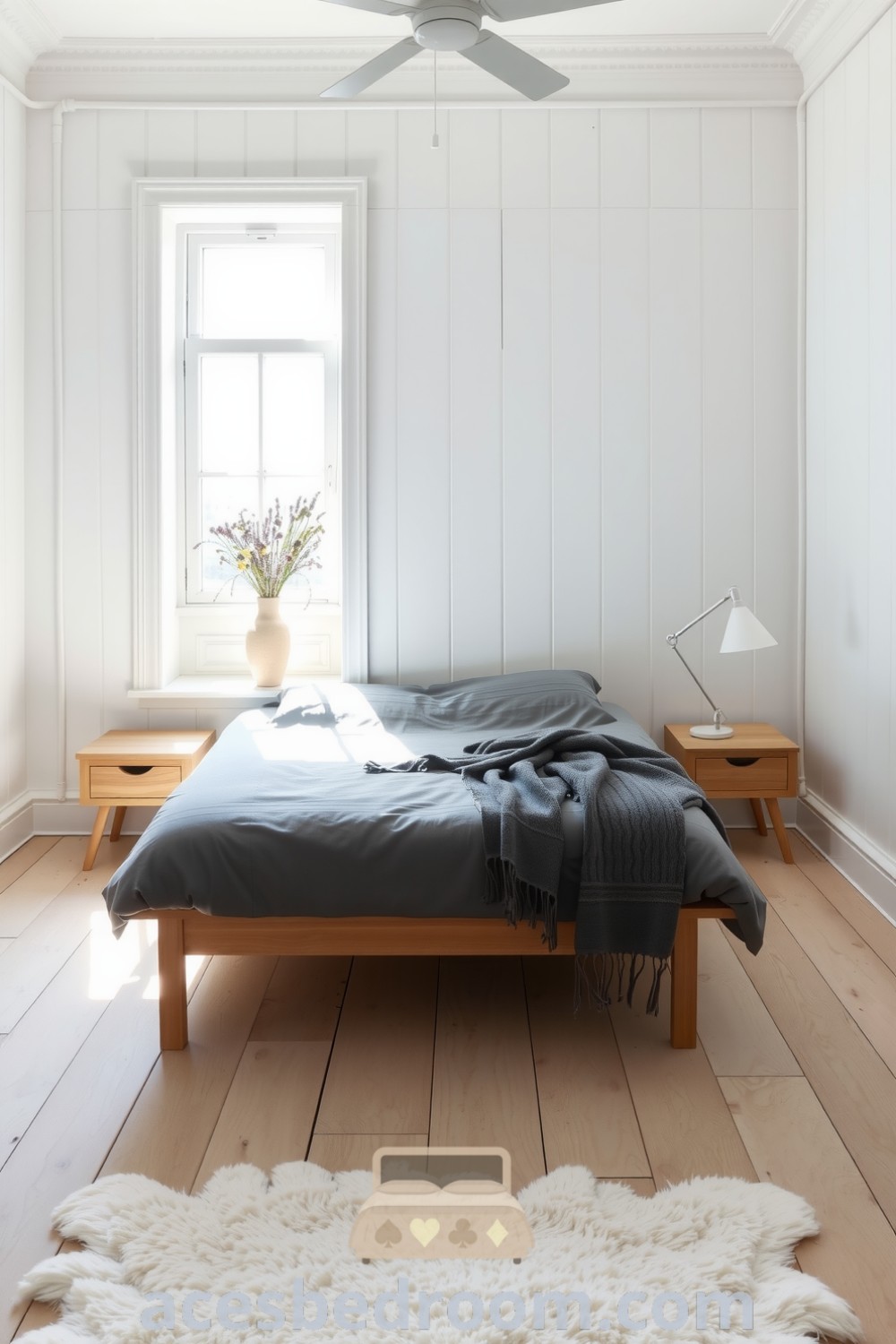 Cozy Scandinavian bedroom featuring pale wooden floors, whitewashed walls, a low-profile bed with a gray duvet, minimalist oak nightstands, and a plush white rug, with vibrant wildflowers, showcased on acesbedroom.com.