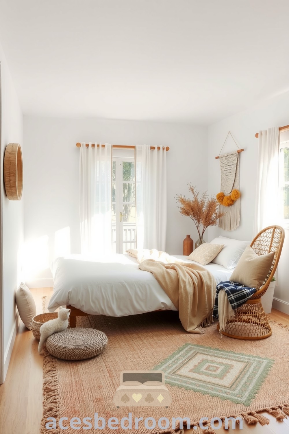 Serene boho bedroom with white washed walls, handwoven macramé wall hanging, low wooden bed with pastel throws, rattan chair, and natural light pouring through gauzy curtains, showcased on acesbedroom.com.