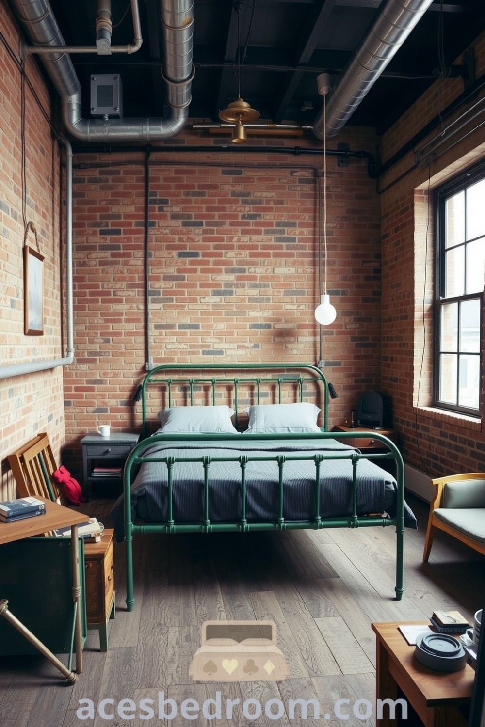 Cozy industrial bedroom featuring weathered brick walls, exposed metal piping, a green metal bed frame with textured bedding, and mismatched wooden furniture, creating a warm and sophisticated look, highlighted on acesbedroom.com.
