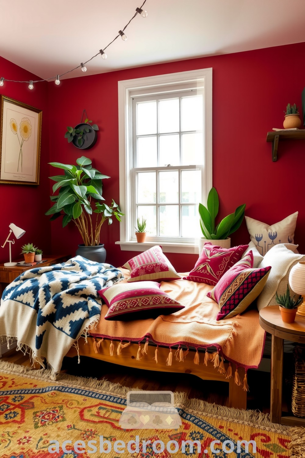 Cozy boho bedroom with soft red accent walls, a low wooden bed, textured linens, handwoven pillows, string lights, and rustic shelves adorned with succulents, showcasing decor ideas for a warm and sophisticated look, featured on acesbedroom.com.