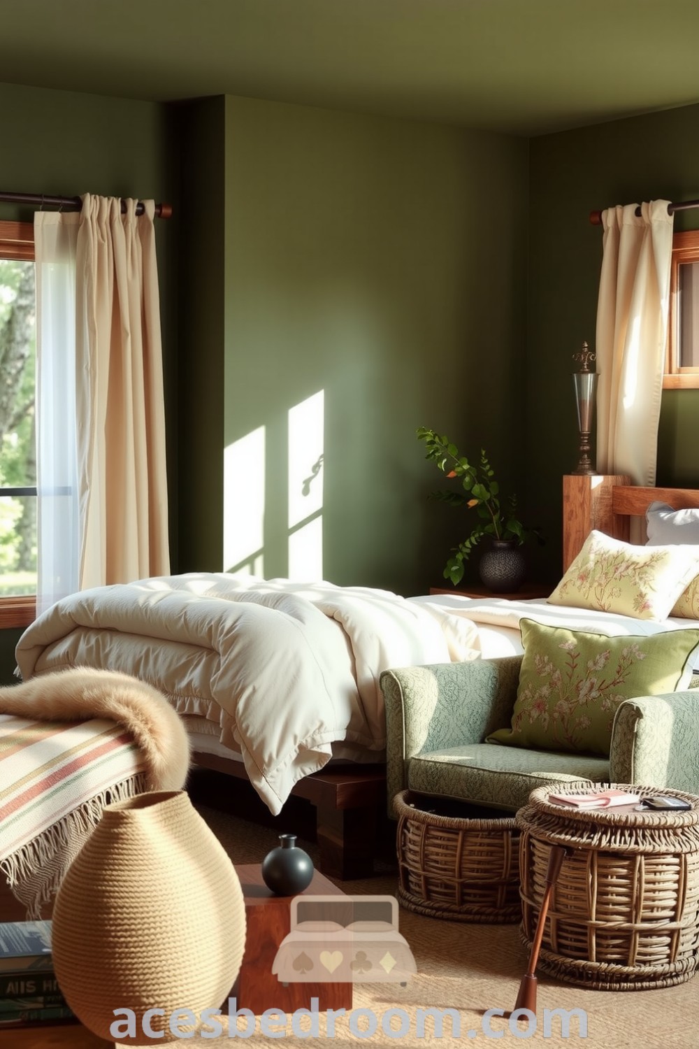 Cozy nature-inspired bedroom with sage green walls, cream-colored bedding, botanical printed accent chair, and woven storage baskets, creating a serene atmosphere for a warm and sophisticated look, featured on acesbedroom.com.