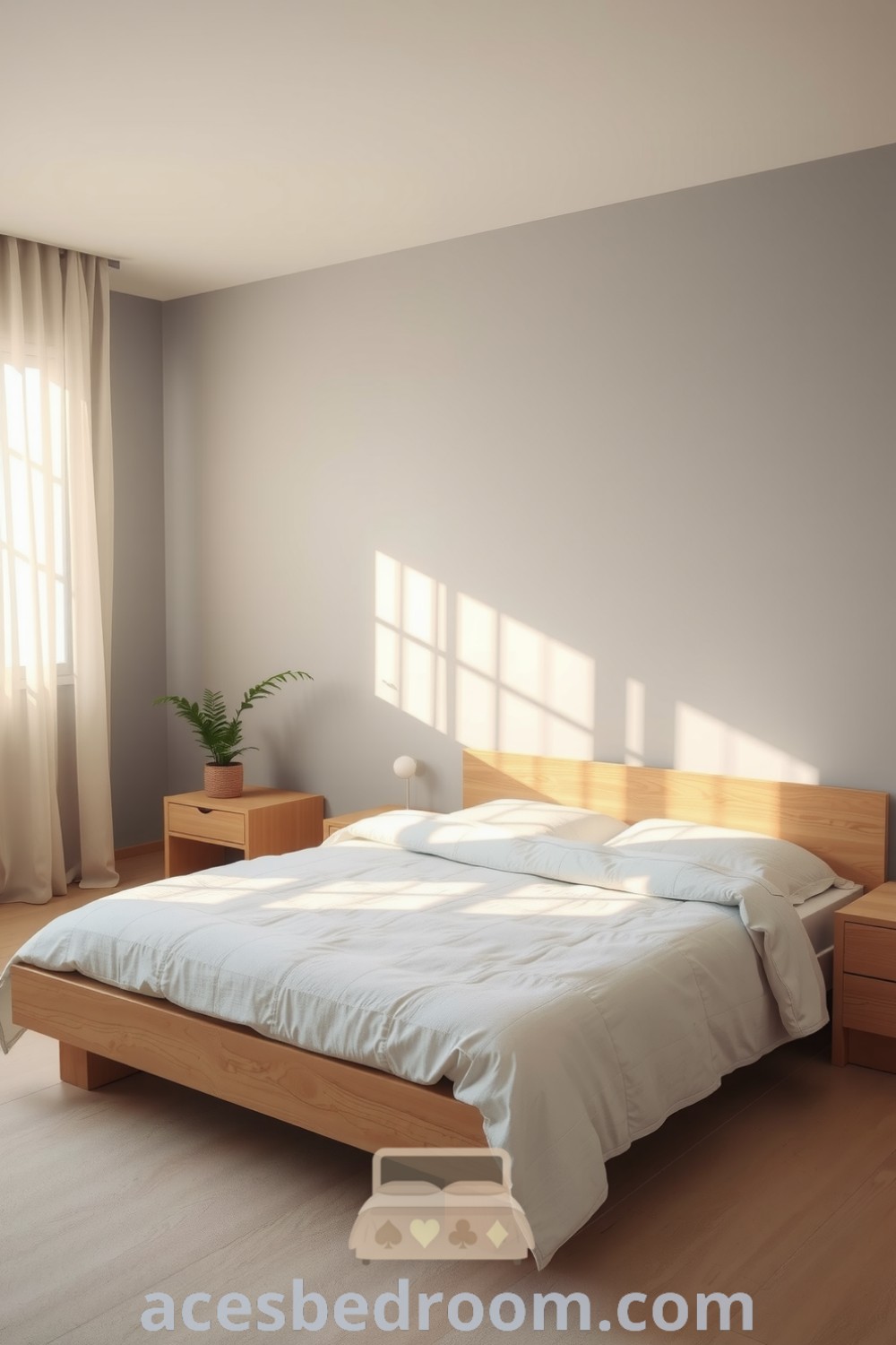 Serene minimalist bedroom with soft grey walls, a low-profile raw wood platform bed, light linen duvet, and sheer curtains allowing morning light, complemented by a small potted plant on a wooden nightstand, offering cozy design ideas for a warm and sophisticated look on acesbedroom.com.