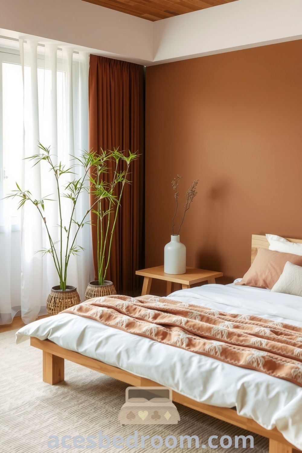Cozy Japandi bedroom featuring a low wooden bed, soft textured bedding, bamboo and woven plants, and natural light filtering through sheer curtains, creating a tranquil atmosphere for a warm and sophisticated look, displayed on acesbedroom.com.