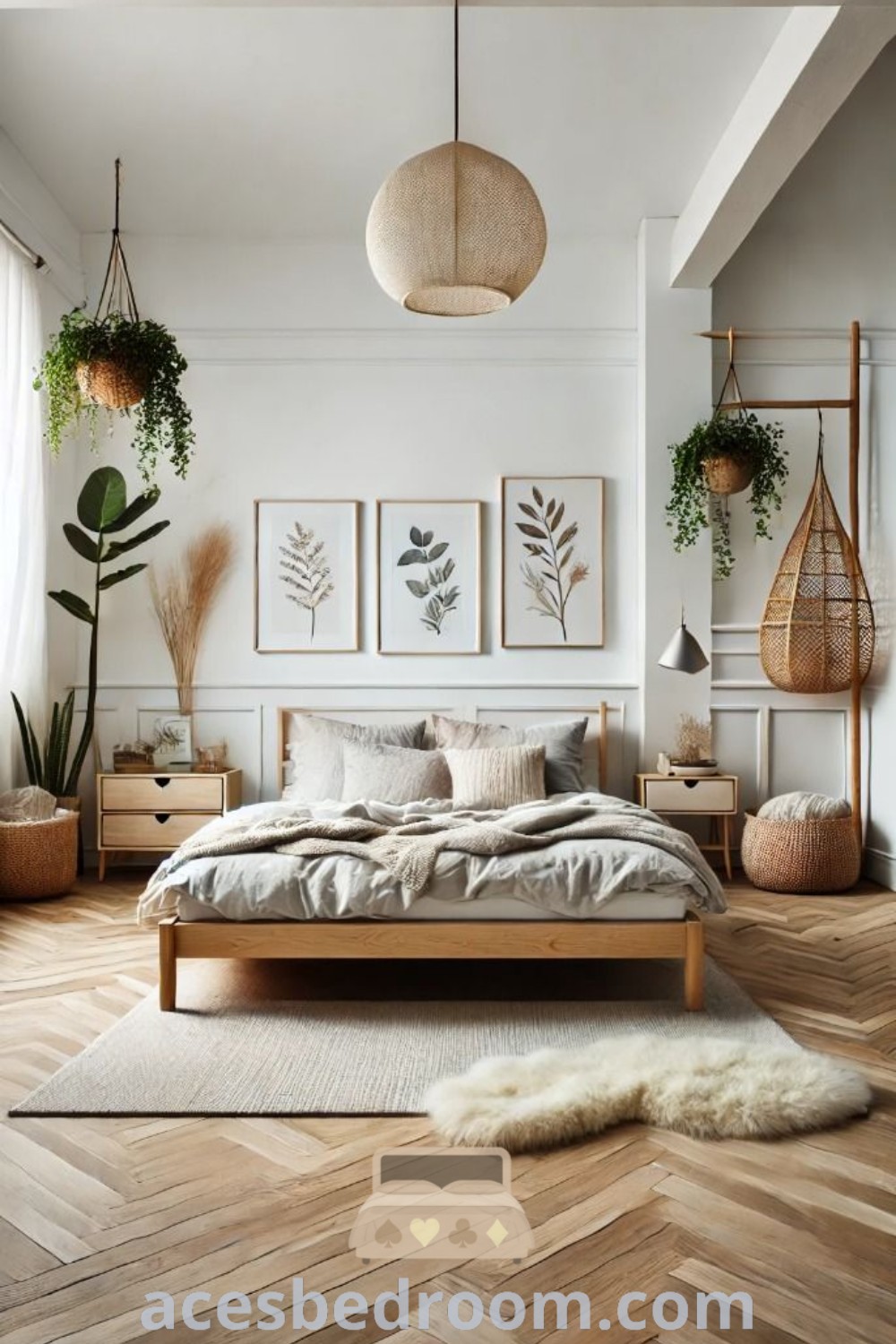 A cozy Scandinavian bedroom with white walls, wooden floors, and plants styled above the bed. This Scandi Boho bedroom features light wood furniture, offering unique ideas for a warm aesthetic. Explore inspiring design ideas for your home at acesbedroom.com.