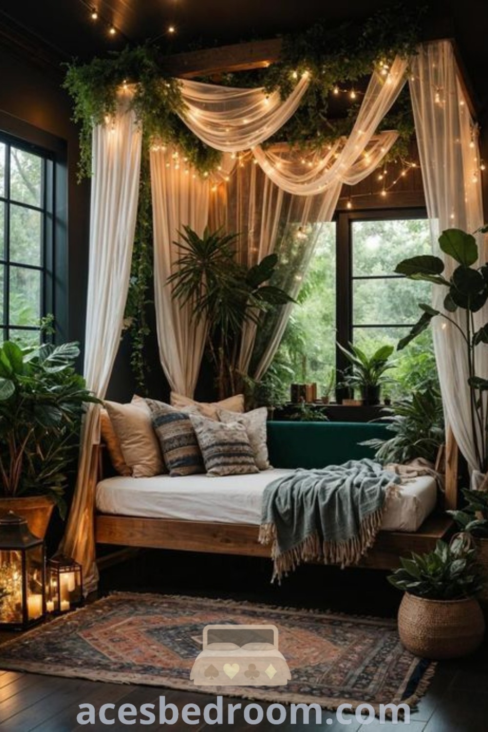 A cozy boho bedroom featuring a bed in the foreground, adorned with plants and soft lighting on the windowsill, embodying Dark Boho Eclectic Decor. This inspiring space offers unique ideas for your home, showcasing plant room living room elements and bohemian design trends. Discover more decor ideas at acesbedroom.com.