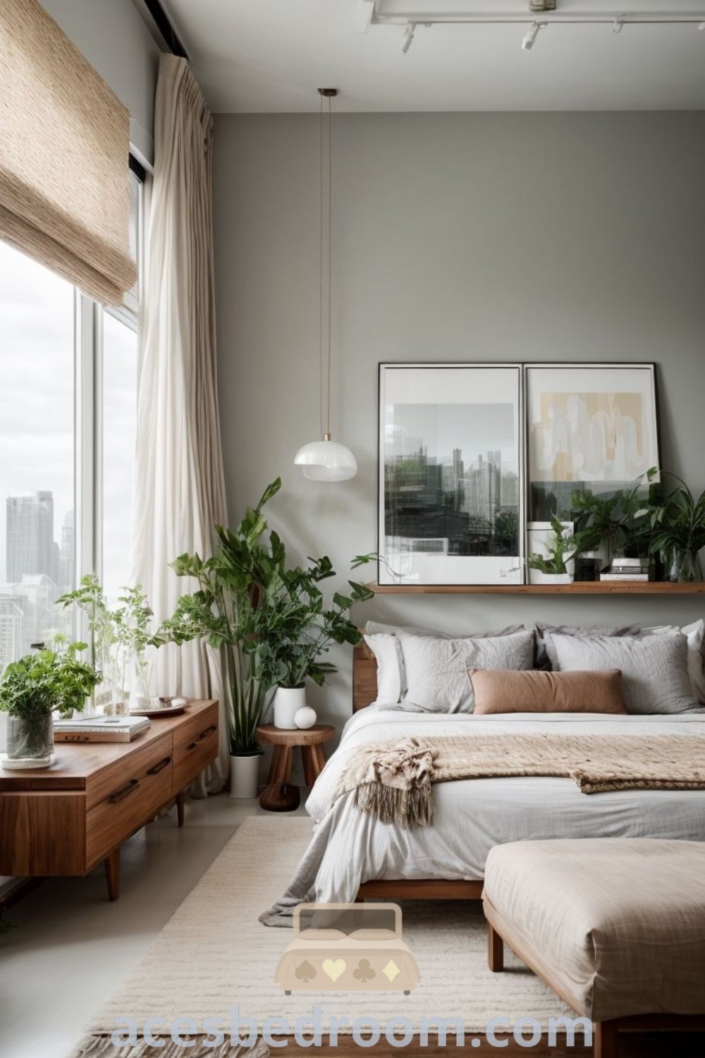 A cozy bedroom featuring a bed next to a window with plants on top, showcasing earthy bedroom decor that harmonizes Japanese vibes and Scandinavian style. This inspiring space offers beautiful design ideas for a warm and sophisticated look, ideal for refreshing your home. Explore more decor inspirations at acesbedroom.com.
