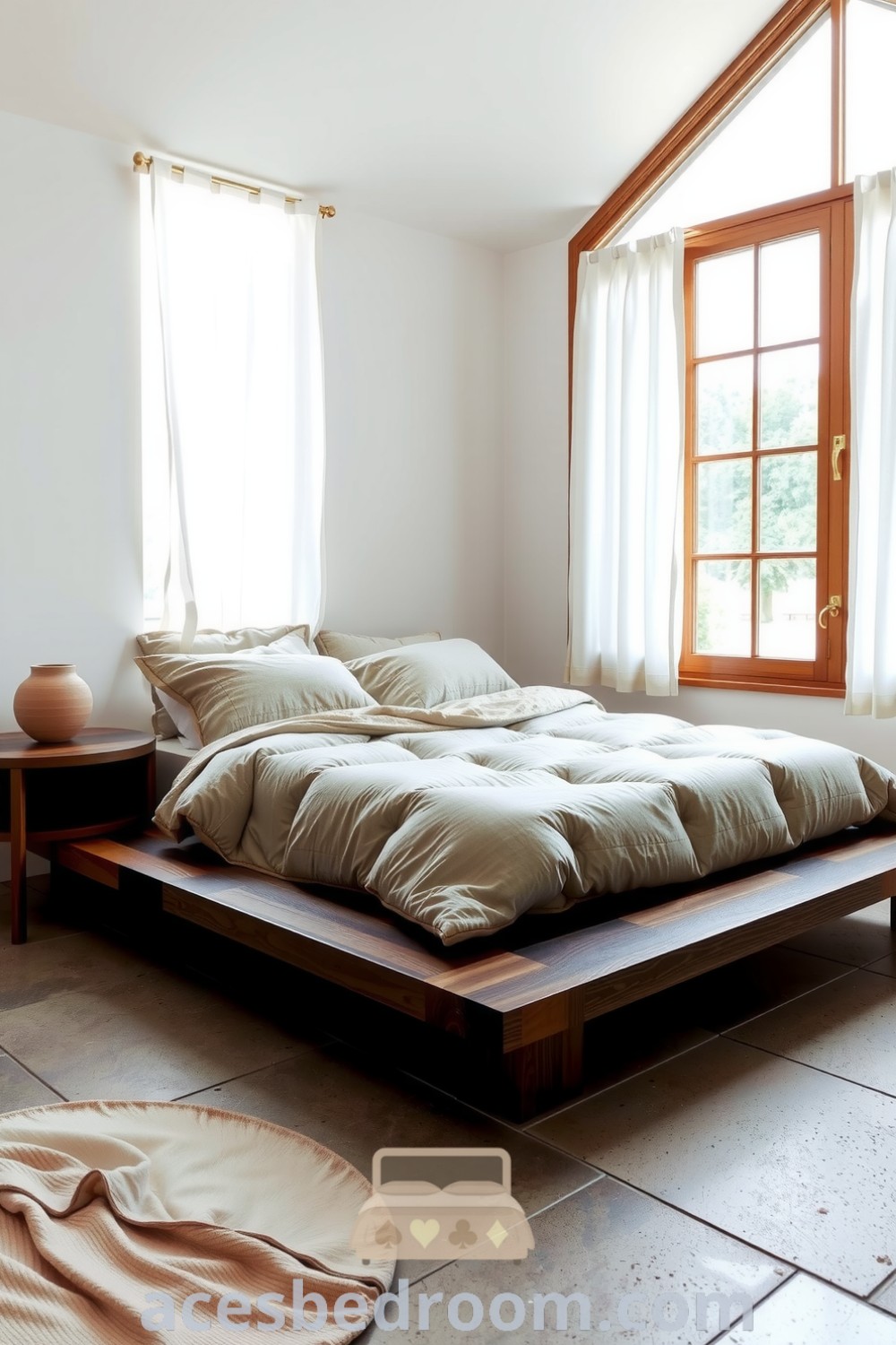 Cozy Japandi bedroom featuring soft white walls, a low wooden platform bed with a neutral quilted duvet, minimalistic ceramic lamp, and large windows with sheer curtains, creating a serene and calming atmosphere, showcased on acesbedroom.com.