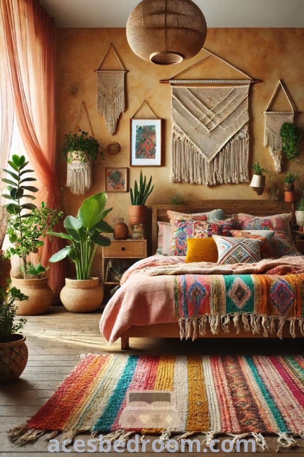 A cozy boho bedroom with a neatly made bed, potted plants, and eclectic decor showcasing warm boho colors. This inviting space embodies boho vintage interior design and provides unique ideas for a warm and sophisticated look. For more decor inspirations, visit acesbedroom.com.