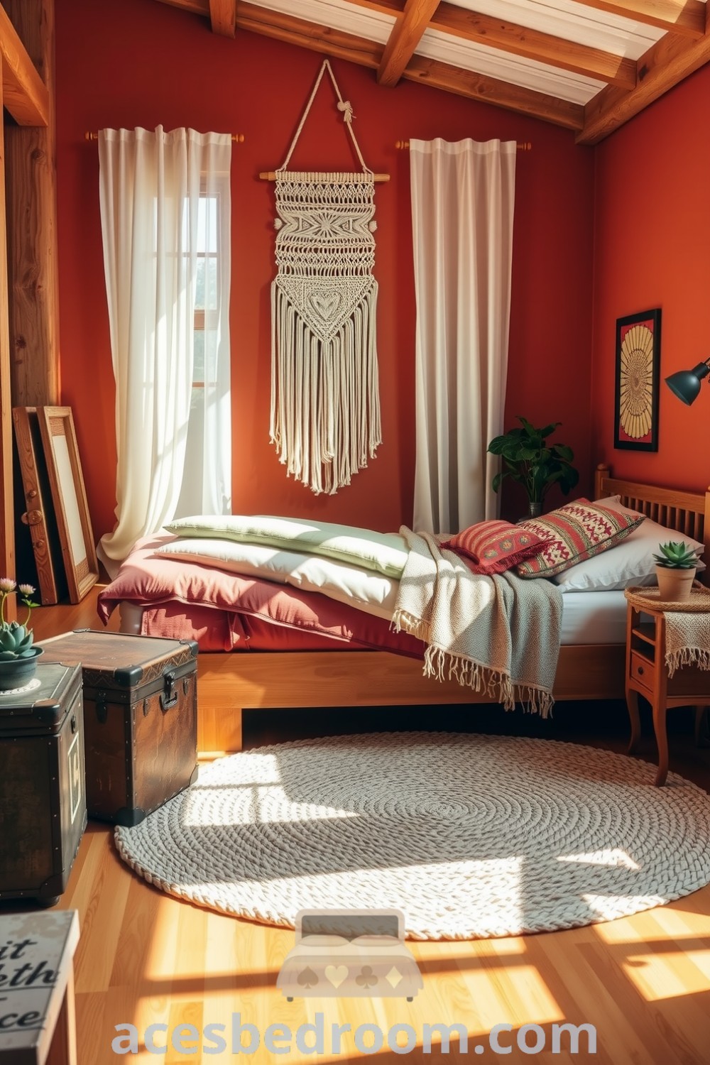 Cozy boho bedroom featuring warm orange tones, natural wood elements, a macramé wall hanging, layered blankets, and patterned cushions, complemented by a jute rug and potted plant, showcased on acesbedroom.com.
