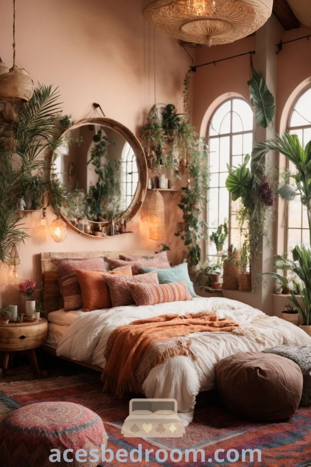 A cozy bohemian bedroom featuring a large bed, two round mirrors, and vibrant potted plants, showcasing stylish decor ideas and inspirations for a romantic, earthy aesthetic. Explore more unique design tips for your home at acesbedroom.com.