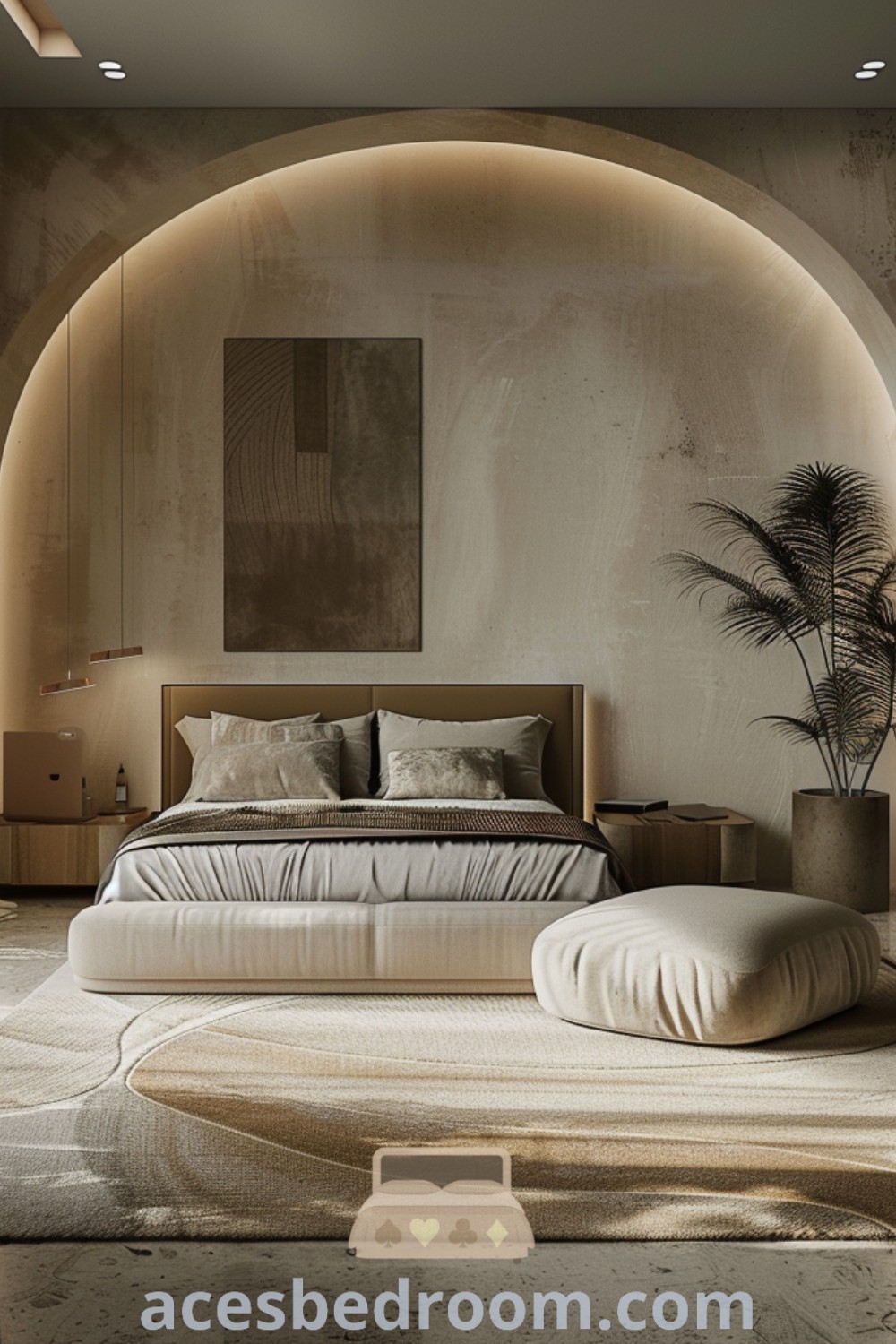 A minimal luxury bedroom showcasing a large bed against a tall white wall, influenced by Mediterranean minimalist interior design. This cozy bedroom offers stylish decor ideas and inspirations for creating a warm and sophisticated look in your home, featured on acesbedroom.com.