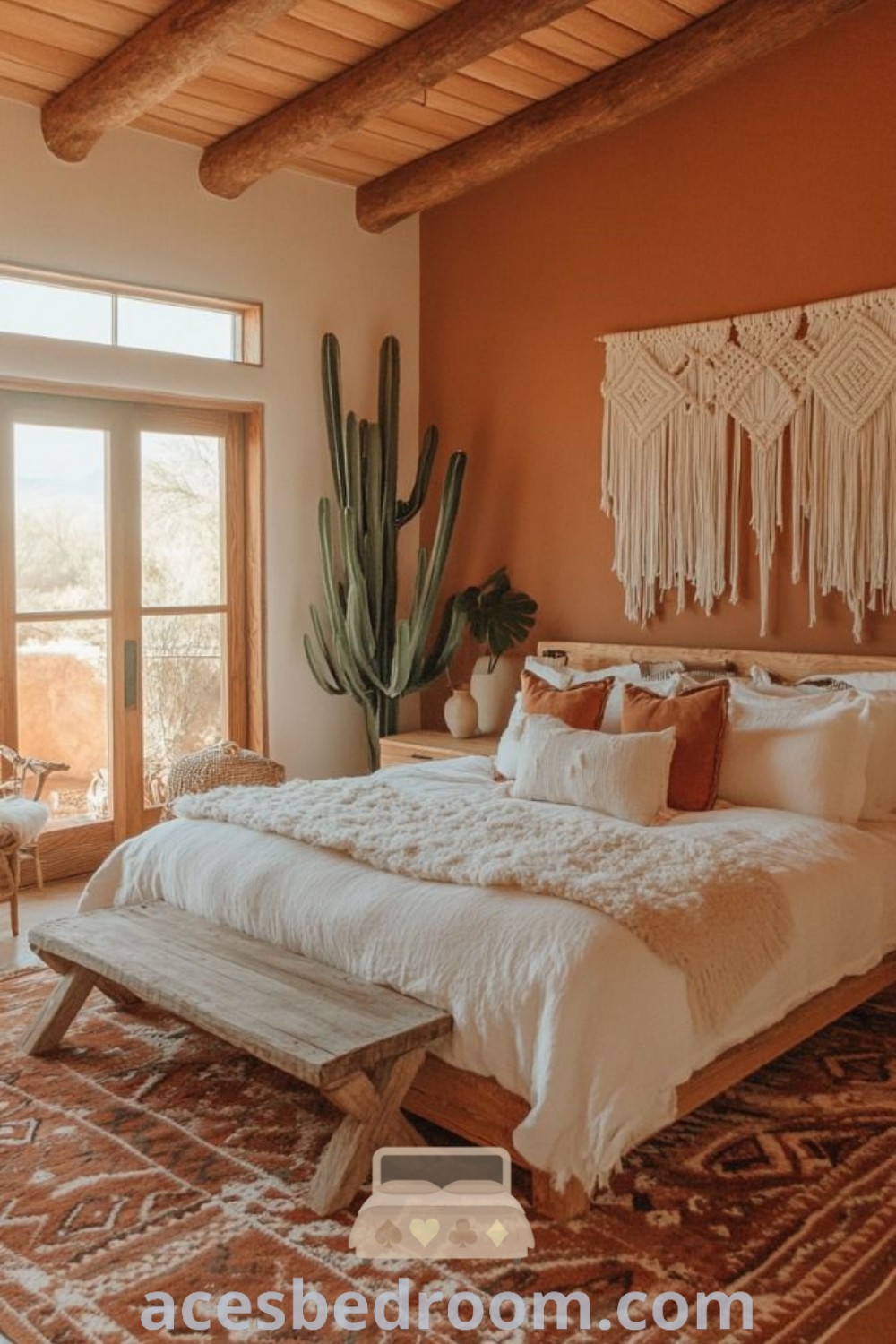 A large southwestern inspired bedroom with a cozy bed next to a window, showcasing desert modernism and colorful decor. This room combines Arizona aesthetic and Mexican style ideas for an inviting and stylish retreat, offering unique inspirations for your home at acesbedroom.com.