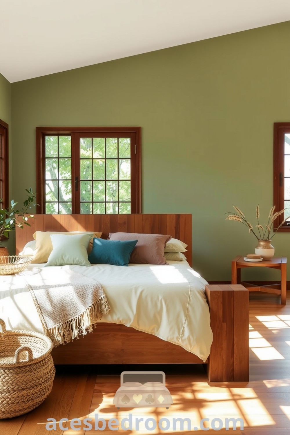 Cozy nature-inspired bedroom with soft green walls, a heavy wooden bed, earth-toned bedding, potted plants, and sunlight streaming through large windows, showcasing design ideas for a tranquil retreat on acesbedroom.com.