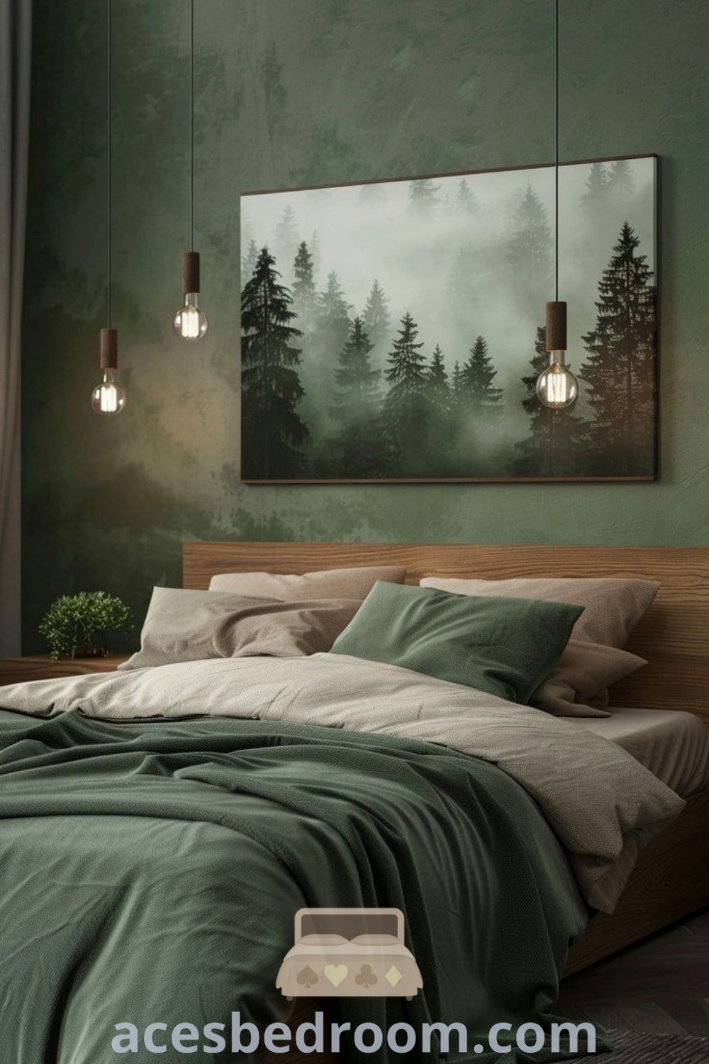 A cozy bedroom with green sheets and pillows, designed in a forest apartment aesthetic featuring nature-inspired decor. This green themed apartment offers serene vibes and unique design ideas for a tranquil space. Explore more decor inspirations at acesbedroom.com.