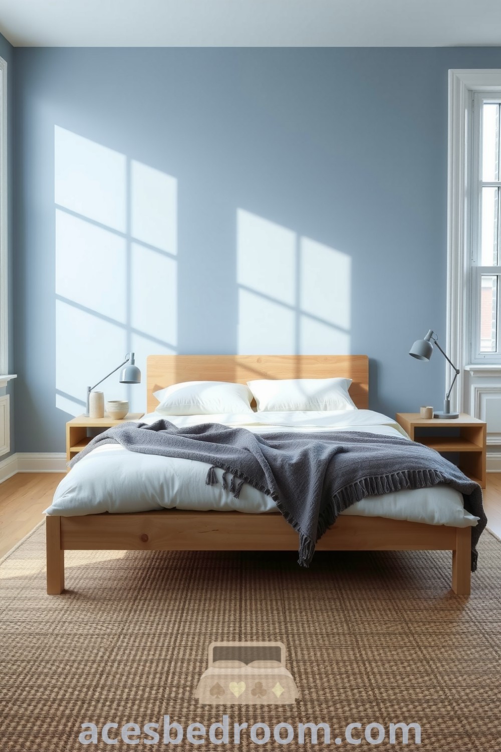 Cozy minimalist bedroom with soft blue walls, light oak bed frame, textured throw, sculptural bedside lamps, and woven rug, designed for a warm and sophisticated look, as featured on acesbedroom.com.