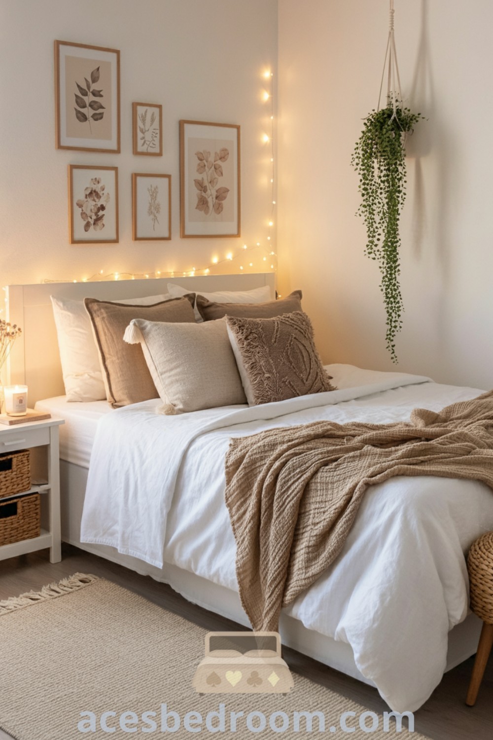 A charming maximalist girls bedroom with a cozy bed featuring white linens, string lights, potted plants, and wicker baskets. This inviting room design offers cozy ideas and decor inspirations for a warm and sophisticated look, resonating with trends from acesbedroom.com.