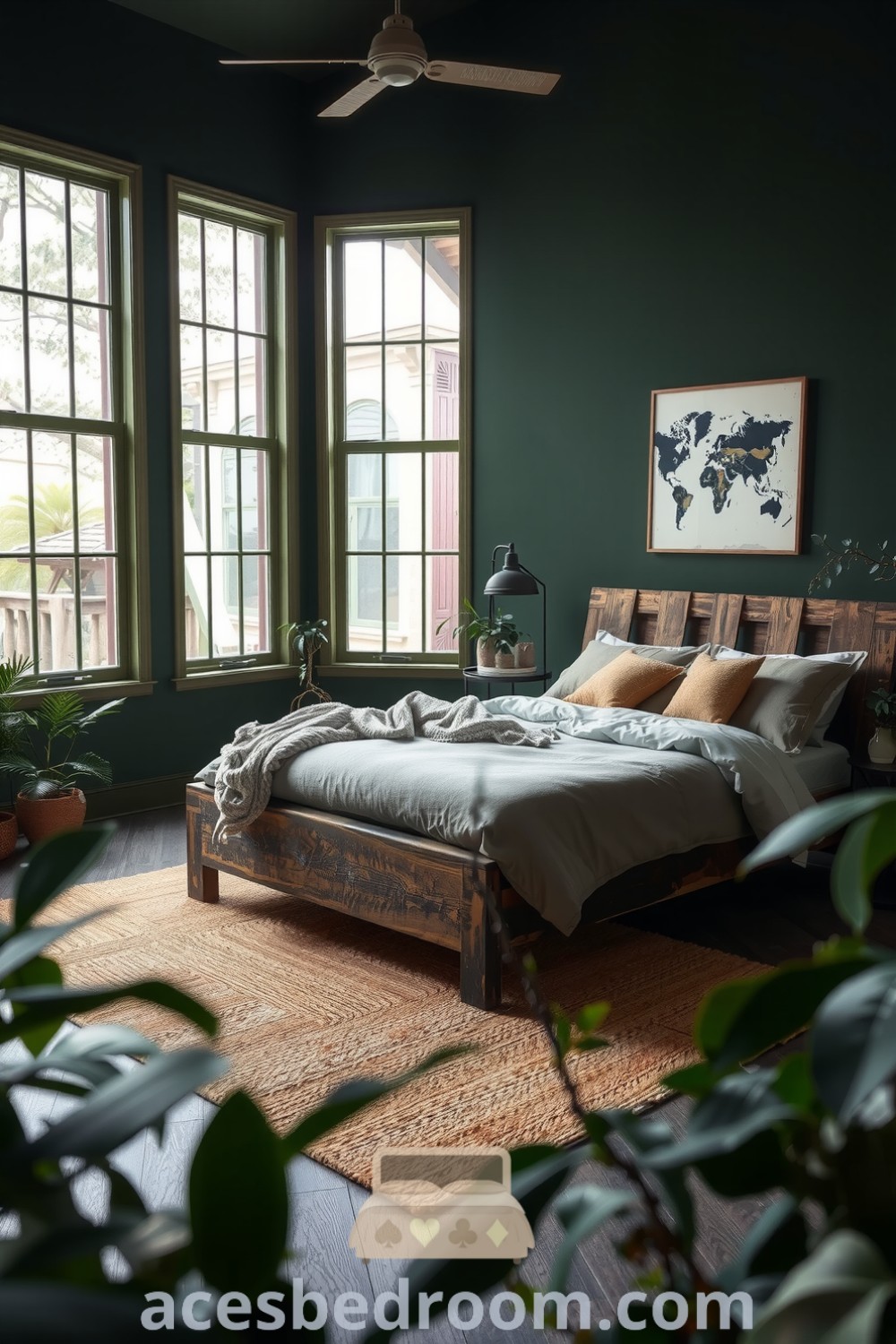 Cozy nature-inspired bedroom with deep green walls, reclaimed wood bed, earthy linens, large windows, and potted plants, creating a serene atmosphere for relaxation, featured on acesbedroom.com.