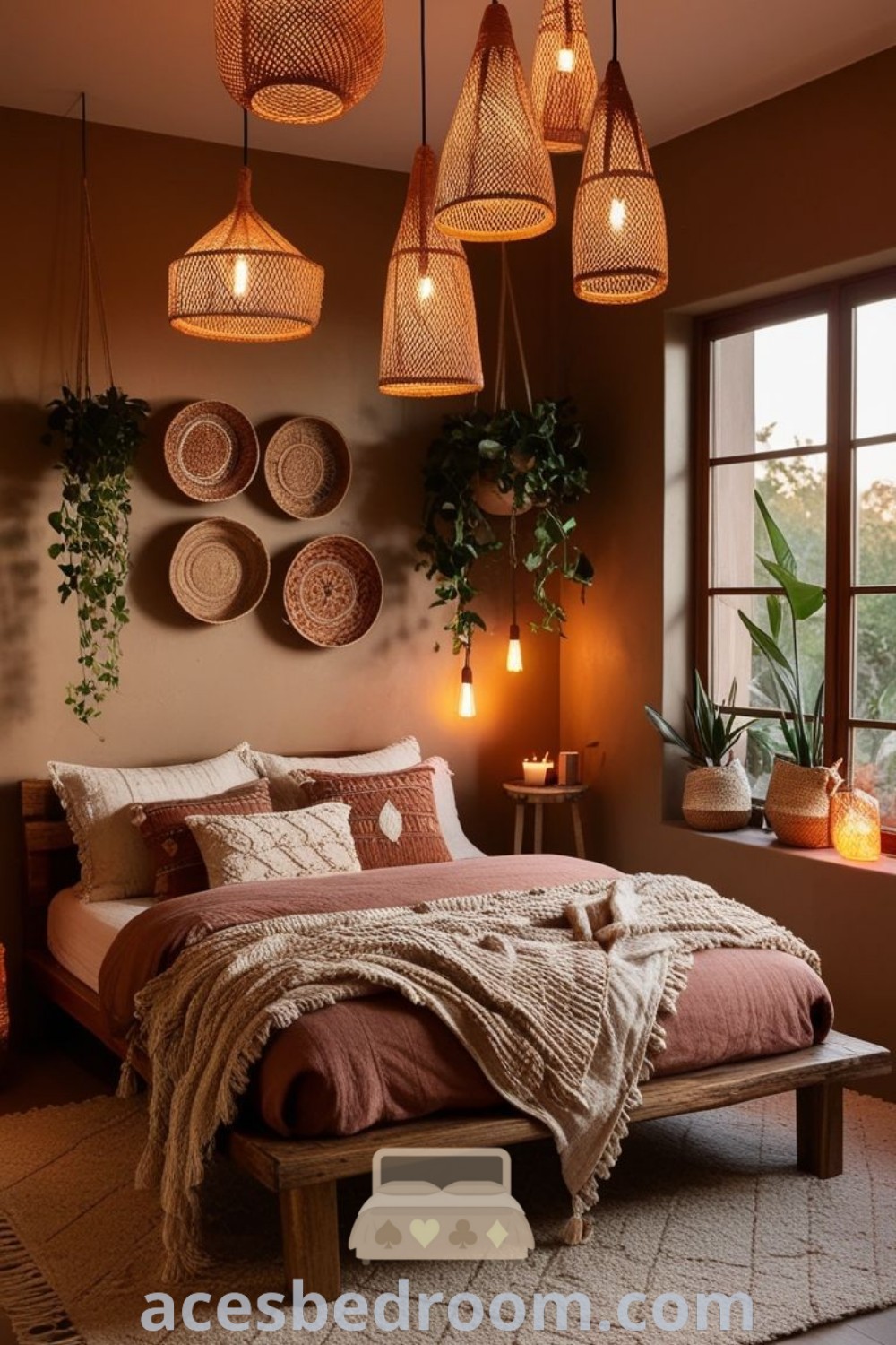 A cozy bohemian vintage bedroom with lights hanging from the ceiling, a stylish bed in front of a window, and warm earthy tones, showcasing inviting decor ideas for a comfortable and relaxing space. Explore more inspirations at acesbedroom.com.