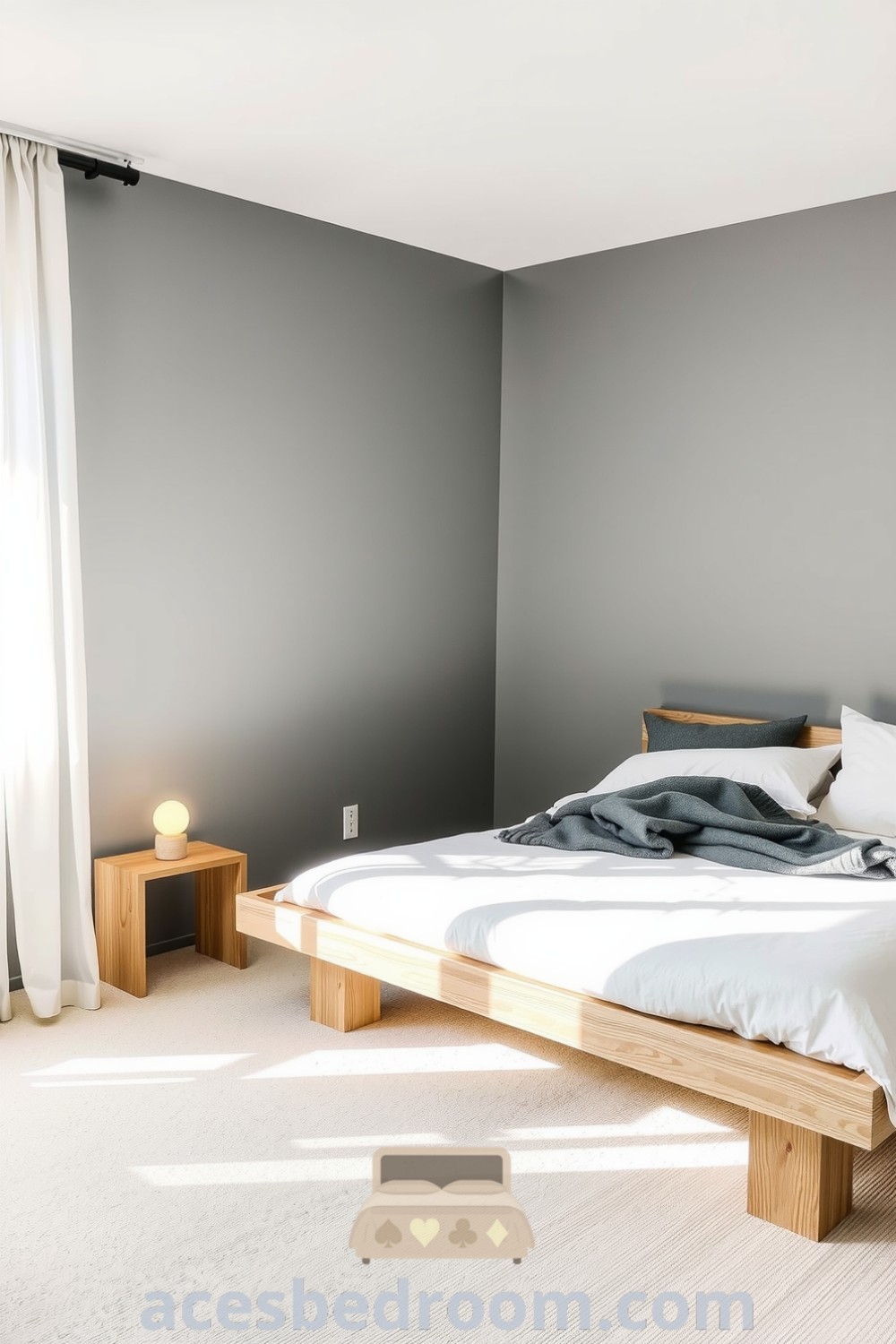 Cozy minimalist bedroom with grey walls, a low-profile wooden bed featuring a white duvet and grey throw, a glowing lamp, and sheer curtains; an inspiring space for relaxation and tranquility, found on acesbedroom.com.