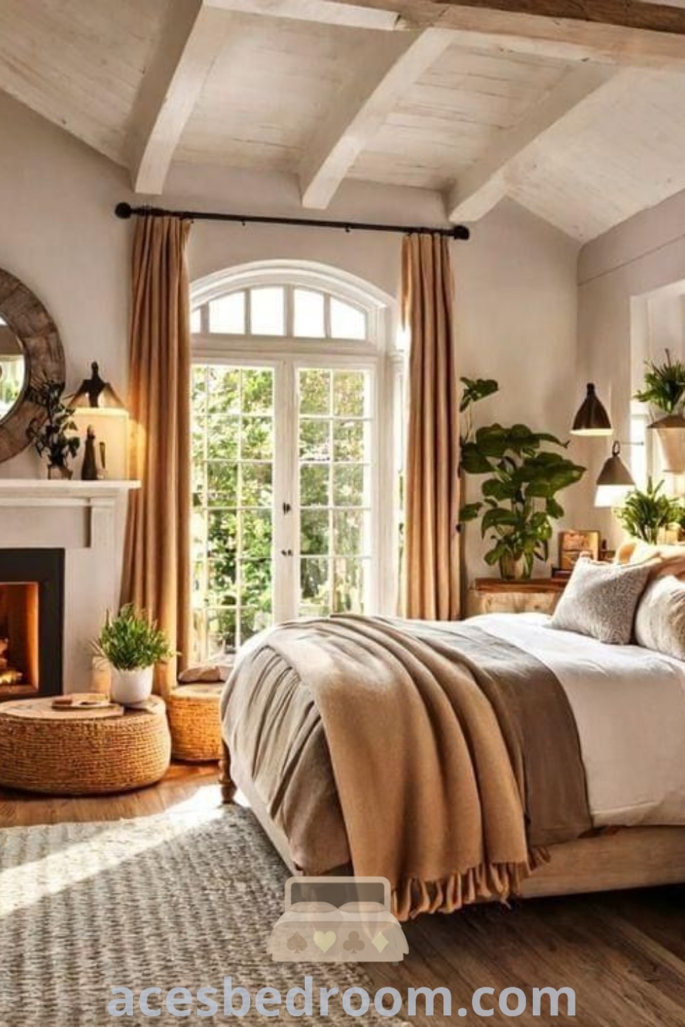 A modern cottage bedroom with a bed, mirror, and fireplace next to two windows, showcasing a cozy aesthetic and minimalist living room ideas. This inviting space from acesbedroom.com offers inspiring decor ideas for a warm and sophisticated look that enhances your home.