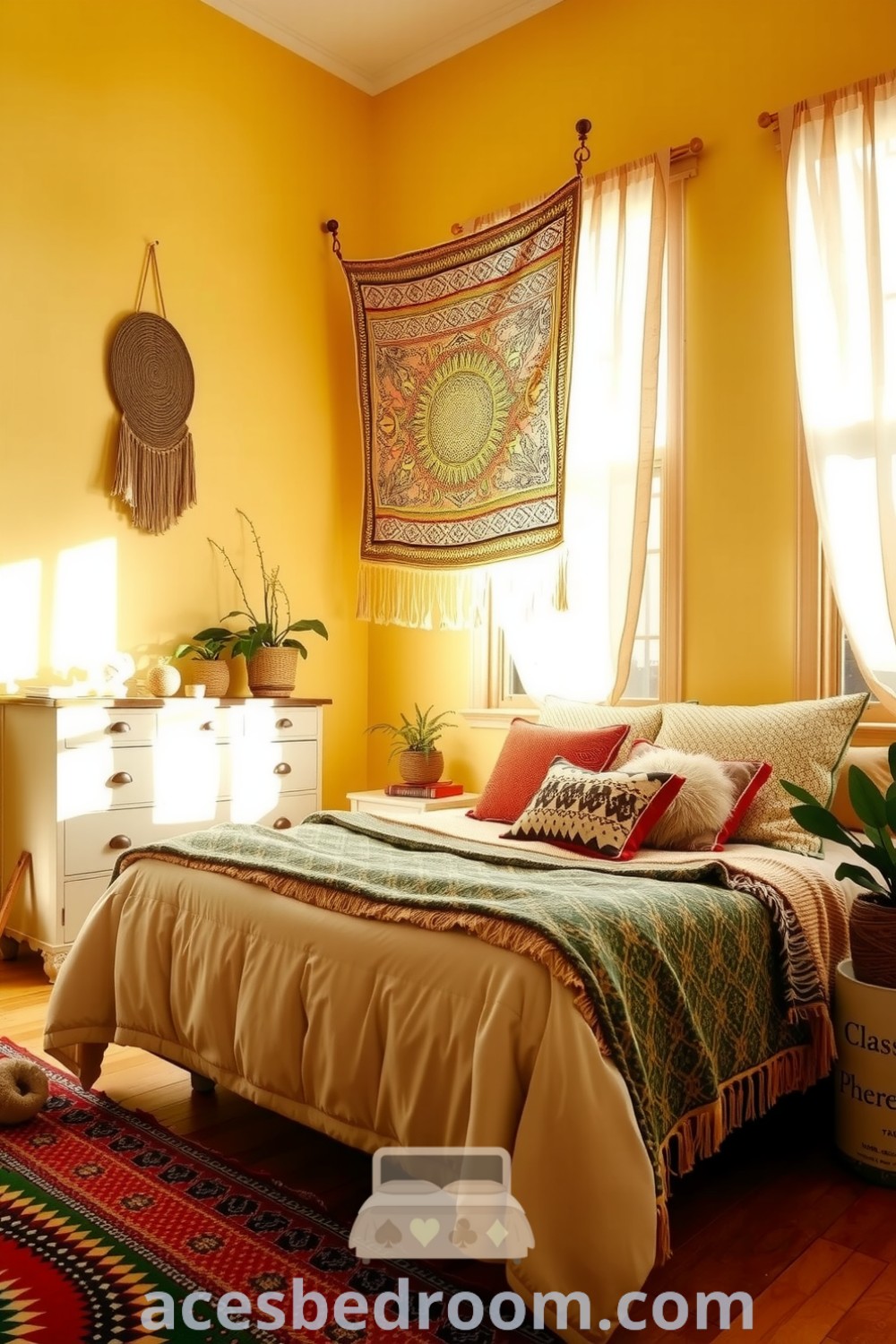 Cozy boho bedroom featuring soft yellow walls, natural wood furniture, oversized bed with patterned throws, shabby-chic dresser, live plants, and warm sunlight through gauzy curtains, creating a cheerful and tranquil atmosphere for your home, showcased on acesbedroom.com.
