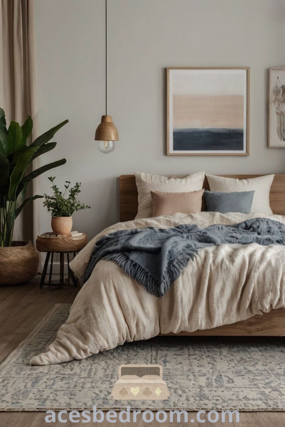 A tranquil bedroom showcasing neutral bedding with blue accents, complemented by a rug and lively plants creating a cozy atmosphere. This stylish design inspires warm decor ideas and offers unique visions for a calming retreat, encouraging relaxation and harmony. Explore more inspiring ideas at acesbedroom.com.