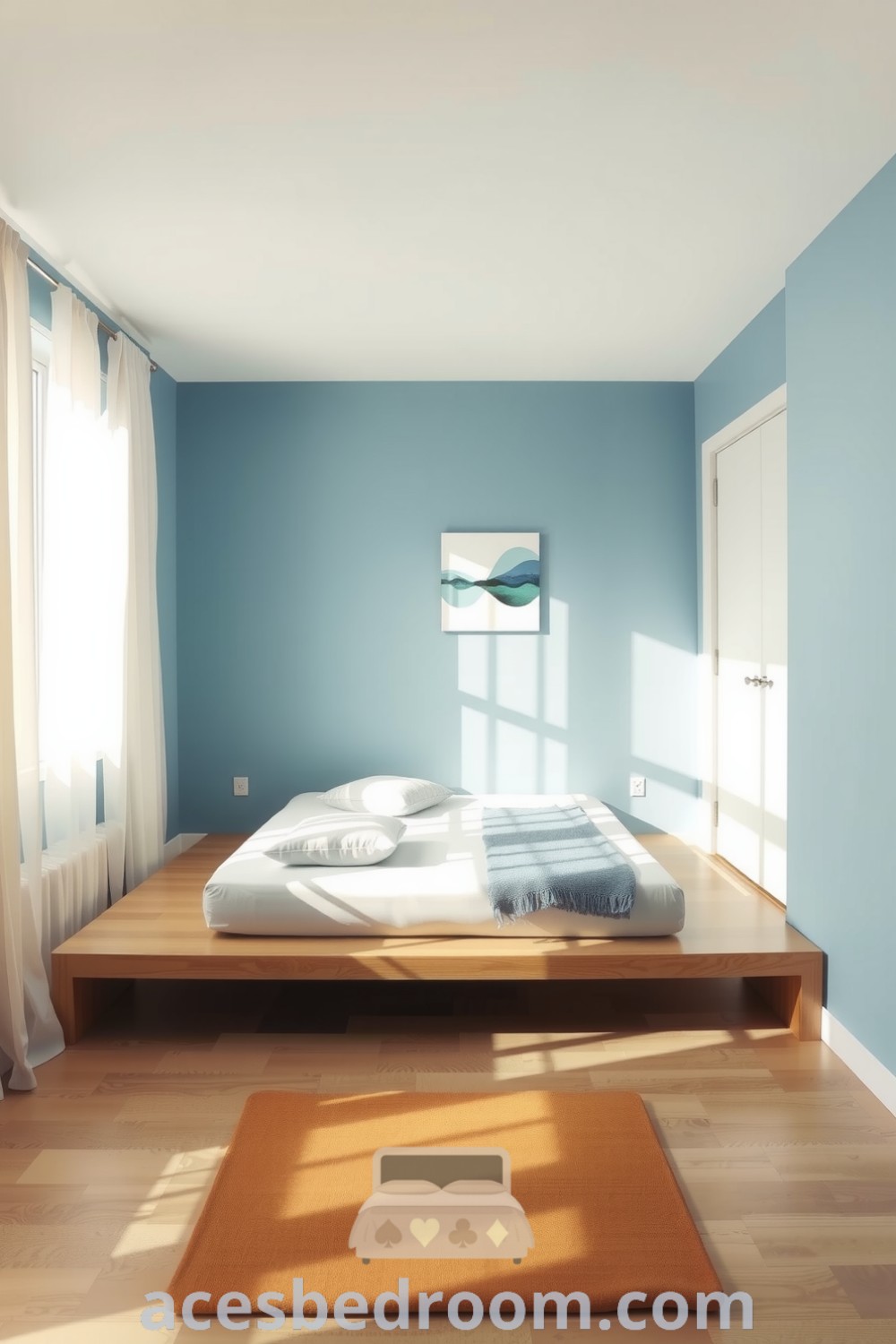 Cozy minimalist bedroom with soft blue walls, natural wood platform bed, crisp white duvet, blue cushions, light oak floors, and sheer curtains to create a tranquil and serene atmosphere, featured on acesbedroom.com.