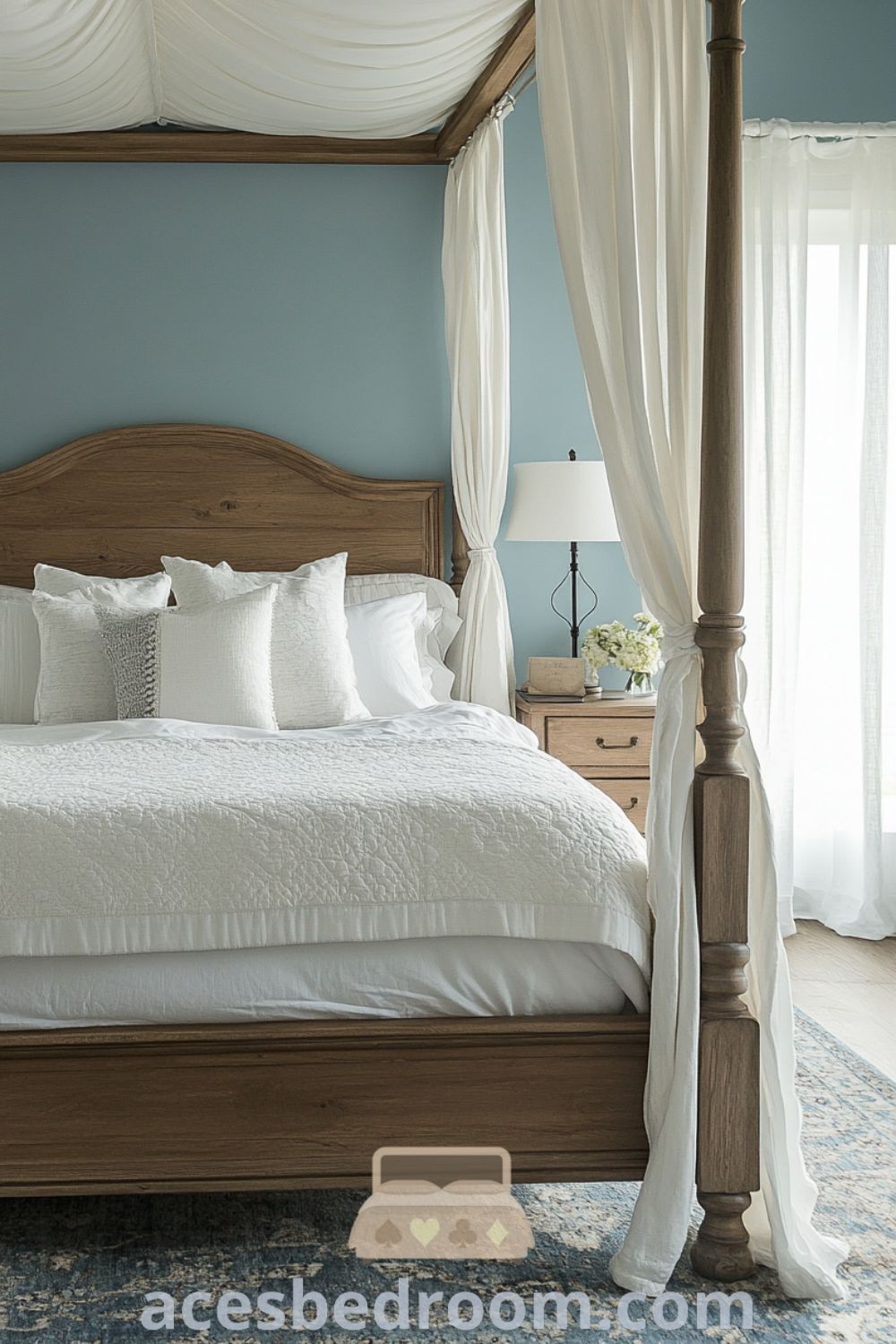 Cozy French country bedroom featuring soft blue walls, a wooden bed frame with white bedding, delicate drapes, rustic decor, and a warm atmosphere for a sophisticated look, found on acesbedroom.com.