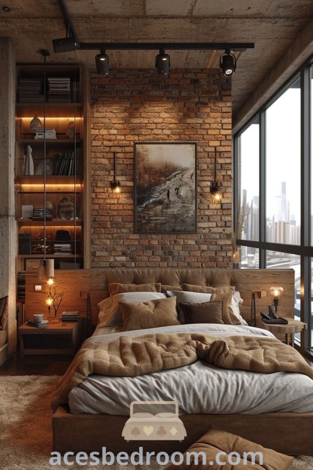 An industrial master bedroom showcasing a large bed next to a tall brick wall, highlighting exposed brick elements and stylish decor. This space offers trendy ideas for a cozy home and inspiring bedroom designs, perfect for urban living. Explore more decor ideas at acesbedroom.com.