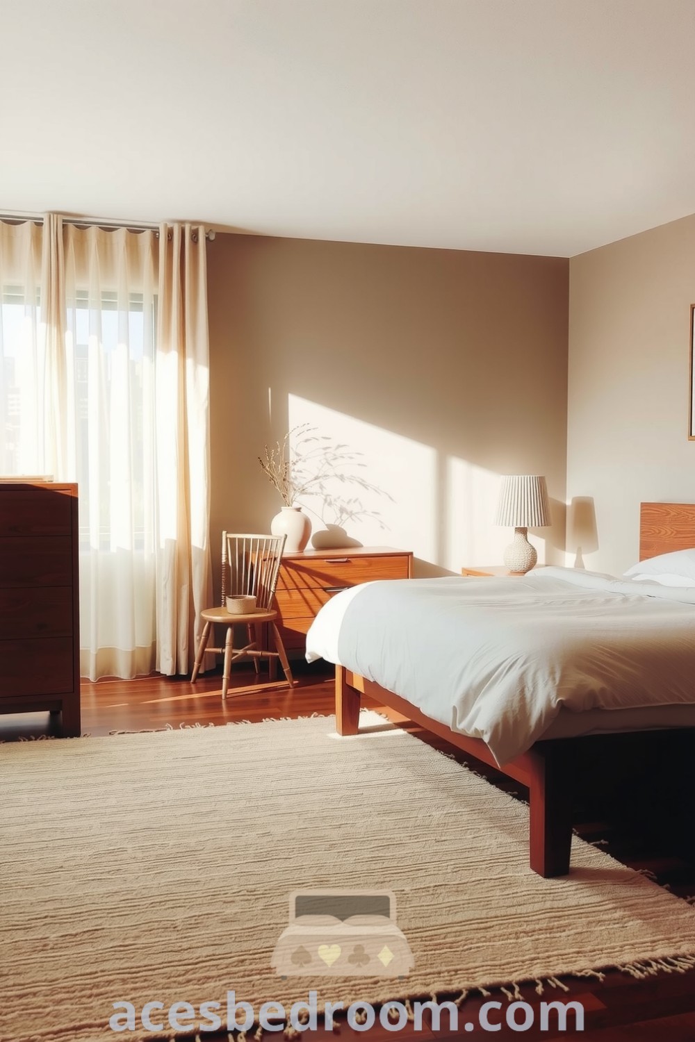 Cozy Japandi bedroom featuring warm brown tones, minimalist wooden furniture, a plush handwoven rug, and sheer curtains that create a serene atmosphere, offering design inspirations for a warm and sophisticated look, presented on acesbedroom.com.