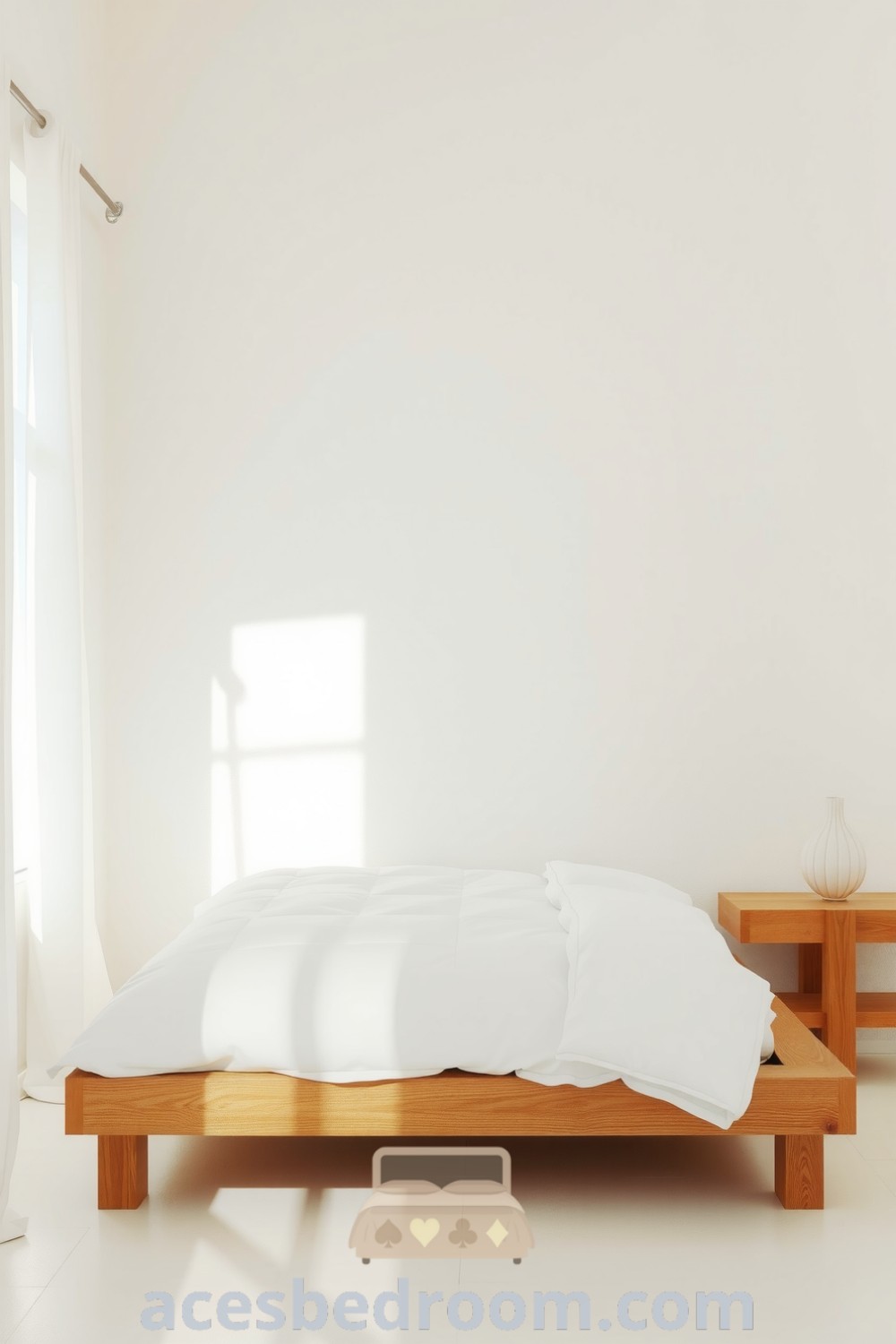 Cozy minimalist bedroom with a serene white palette, featuring a low-profile wooden bed frame, a simple white duvet, and a delicate ceramic lamp on a reclaimed wood bedside table, creating a tranquil ambiance, showcased on acesbedroom.com.