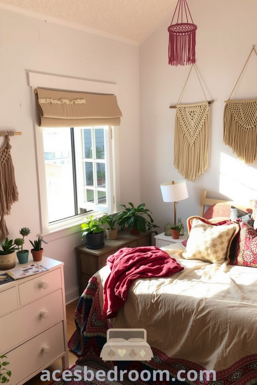 Cozy boho bedroom with whitewashed walls, unmade bed draped in quilts and throw pillows, macramé wall hangings, and potted plants, creating an inviting atmosphere and providing cozy design ideas for your home, featured on acesbedroom.com.