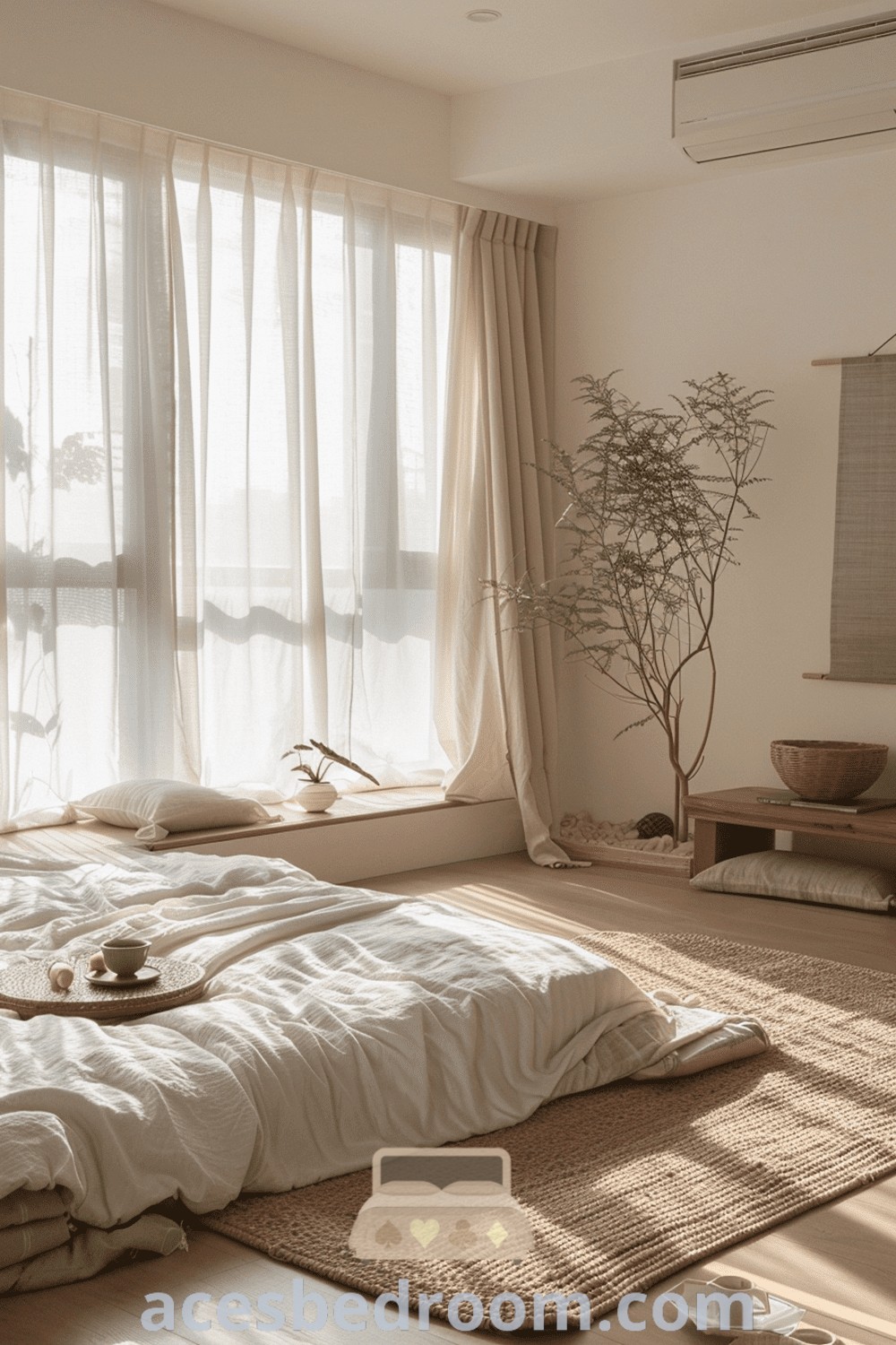A cozy bedroom featuring a bed by a window with sheer curtains, showcasing minimalist and Zen-inspired decor elements. This inviting space offers trendy design ideas for creating a warm and sophisticated look, perfect for a cozy home. Discover more cozy ideas at acesbedroom.com.