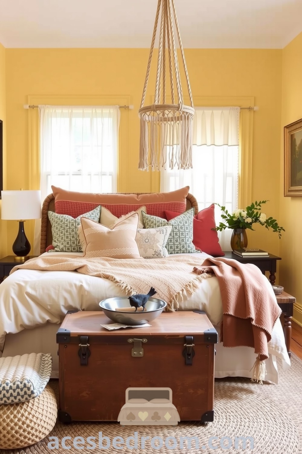 Cozy boho bedroom featuring warm yellow walls, a rattan headboard with textured pillows, a vintage trunk, and a macramé hanging, along with a woven area rug for a stylish and inviting atmosphere, showcasing decor ideas for a warm and sophisticated look, available at acesbedroom.com.
