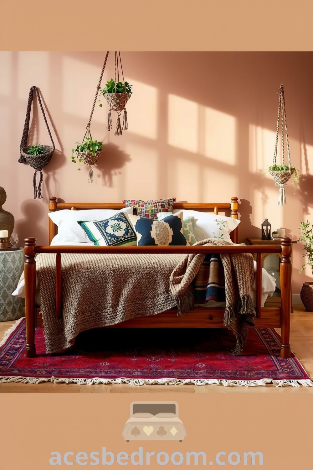 Cozy boho chic bedroom featuring earthy tones, a wooden bed frame with a woven throw, mismatched pillows, macramé planters, and a vintage rug for a warm and inviting atmosphere, designed for inspiration on acesbedroom.com.