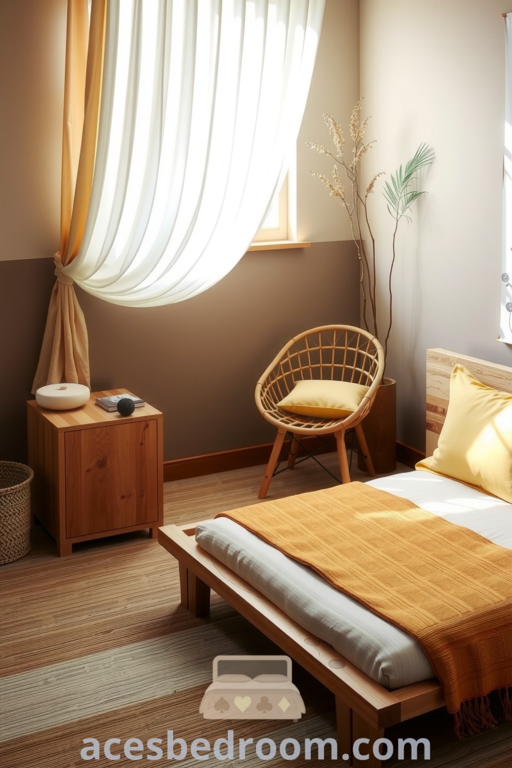 Cozy Japandi bedroom with a low wooden bed, soft yellow accents, tatami mat flooring, and a rattan chair, illustrating design ideas for a warm and sophisticated look, showcased on acesbedroom.com.