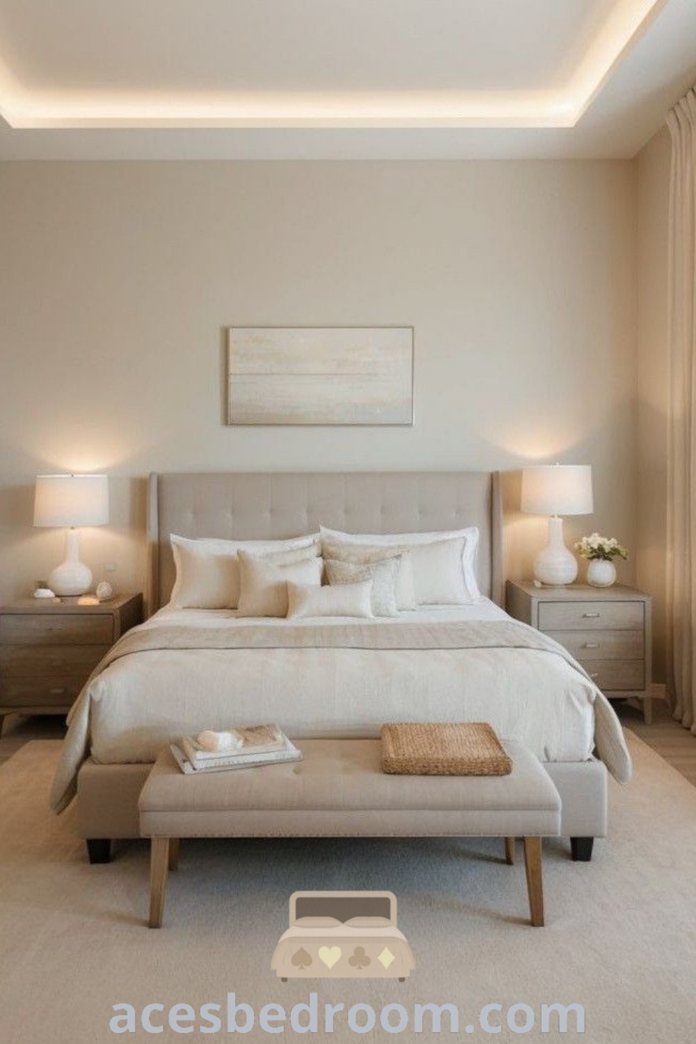 A large white bed in a neutral bedroom, complemented by two stylish lamps, showcases cozy bedroom decor ideas. This inviting space features trendy design elements perfect for a master bedroom. Discover more inspiring decor ideas at acesbedroom.com.