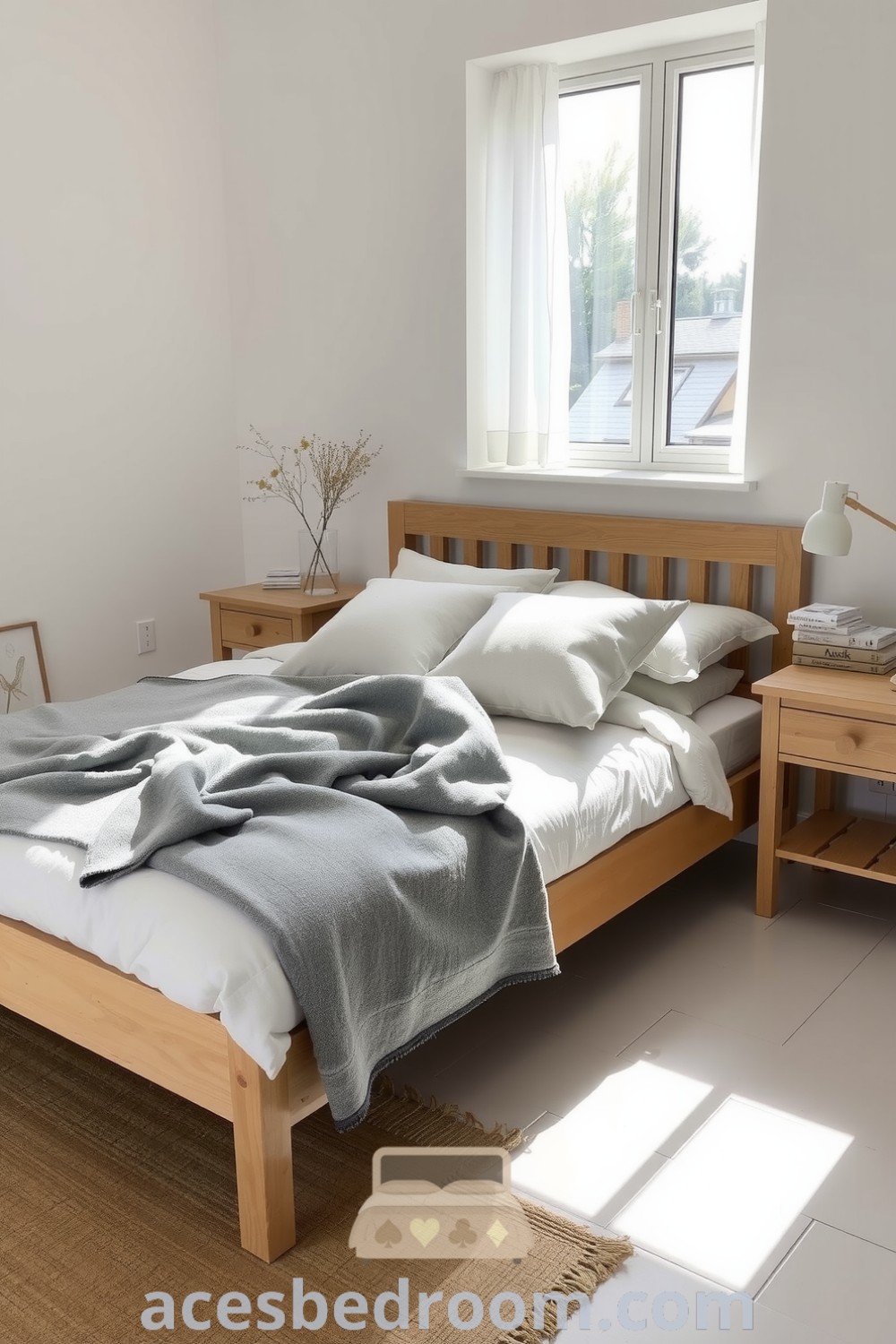 Cozy Scandinavian bedroom featuring light wooden furniture, soft gray wool blanket, textured cushions, sheer linen curtains, and a jute rug for a warm and sophisticated look, presented on acesbedroom.com.