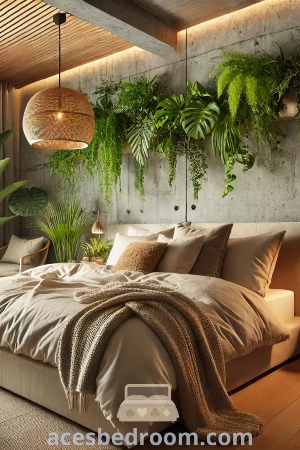 A nature-inspired bedroom showcasing a cozy canopy bed with plants hanging above, surrounded by wooden flooring. This tropical modern bedroom features a hanging rattan lamp and biophilic decor ideas, offering unique inspirations for creating a warm and inviting space. Explore more cozy home designs at acesbedroom.com.