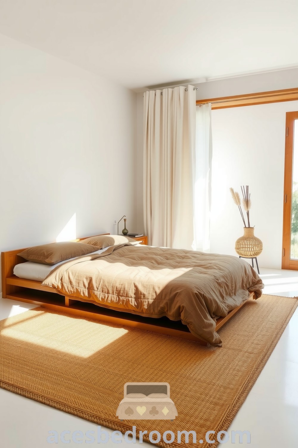 Cozy Japandi bedroom featuring white walls, a low-profile wooden bed with earthy linen, natural light from floor-to-ceiling curtains, and a textured jute rug, designed for a warm and sophisticated look, showcased on acesbedroom.com.