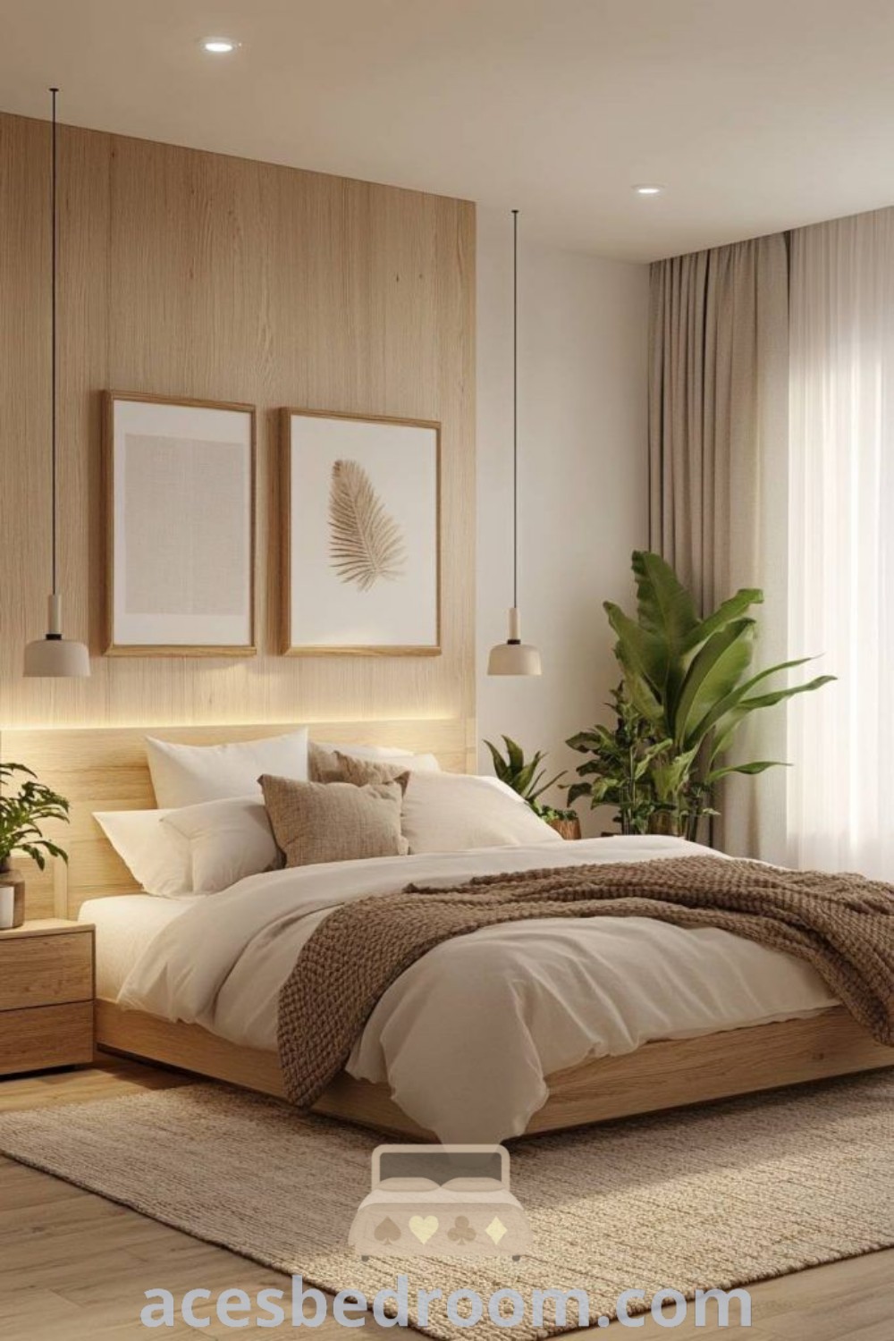A large bed in a neutral Scandinavian bedroom with beautiful window views, showcasing stylish decor ideas and inspirations for a warm and sophisticated look. Perfect for anyone seeking cozy home aesthetic and modern design trends. Discover more unique ideas at acesbedroom.com.
