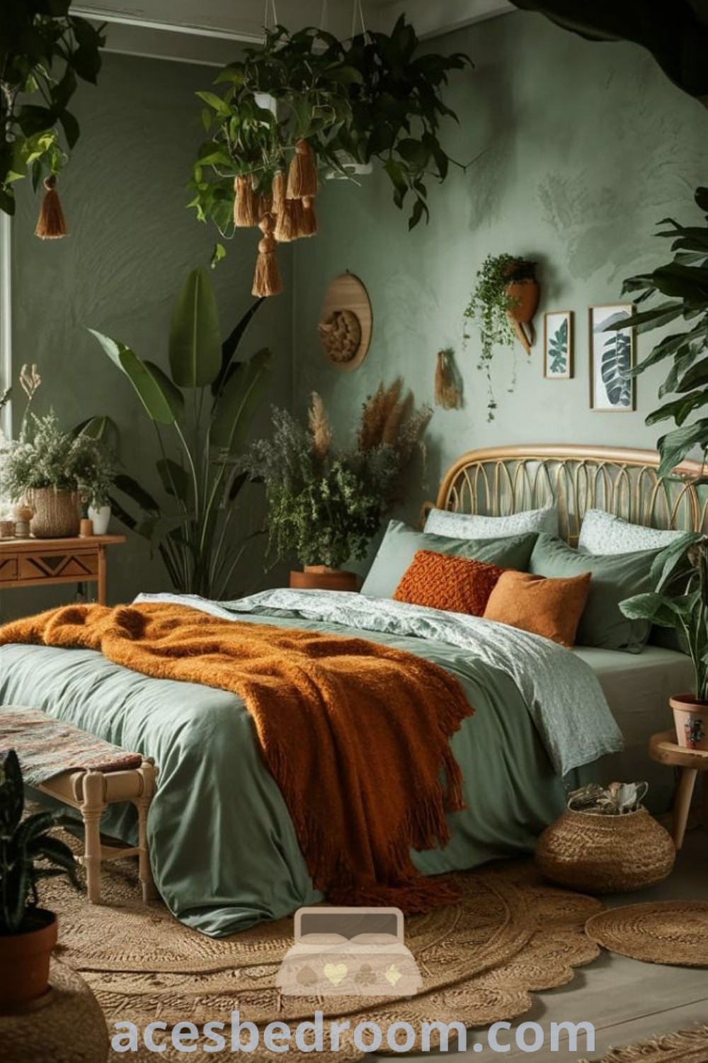 A cozy bohemian bedroom with green walls adorned with plants, burnt orange accents, and stylish rugs, showcasing unique decor ideas for a warm and sophisticated look. Explore more inspirations at acesbedroom.com.