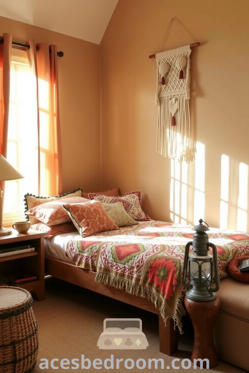 Cozy boho bedroom featuring warm beige walls, a wooden bed frame with patterned pillows and a hand-stitched quilt, macramé wall hanging, reclaimed wood bedside table, and an antique lantern, creating an inviting atmosphere ideal for relaxation, featured on acesbedroom.com.