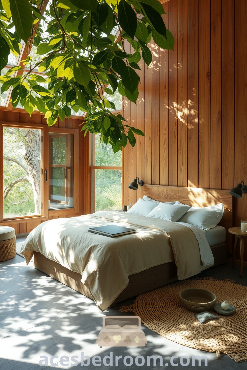 Cozy nature-inspired bedroom featuring wooden panels, leafy surroundings, natural linen bedding in earthy tones, polished stone floors, and woven rugs, designed for a warm and sophisticated look, showcased on acesbedroom.com.