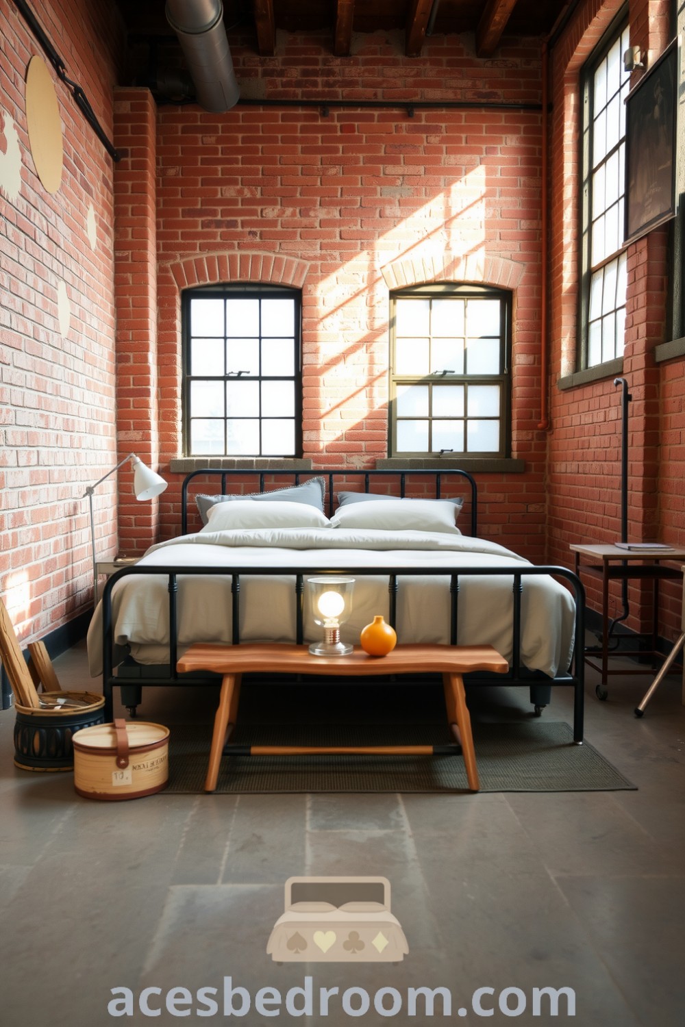 Cozy industrial bedroom featuring exposed brick walls, a metal bed frame with a neutral duvet, a vintage floor lamp, and a wooden bench, all illuminated by natural light, providing design inspirations and ideas for a warm and sophisticated look, showcased on acesbedroom.com.