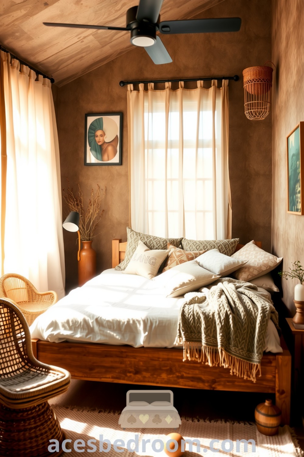 Cozy boho bedroom with a weathered wooden bed frame, patterned throw pillows, a knitted blanket, and warm light filtering through sheer curtains, featuring eclectic artwork and natural materials like a rattan chair for a stylish and inviting look, found on acesbedroom.com.