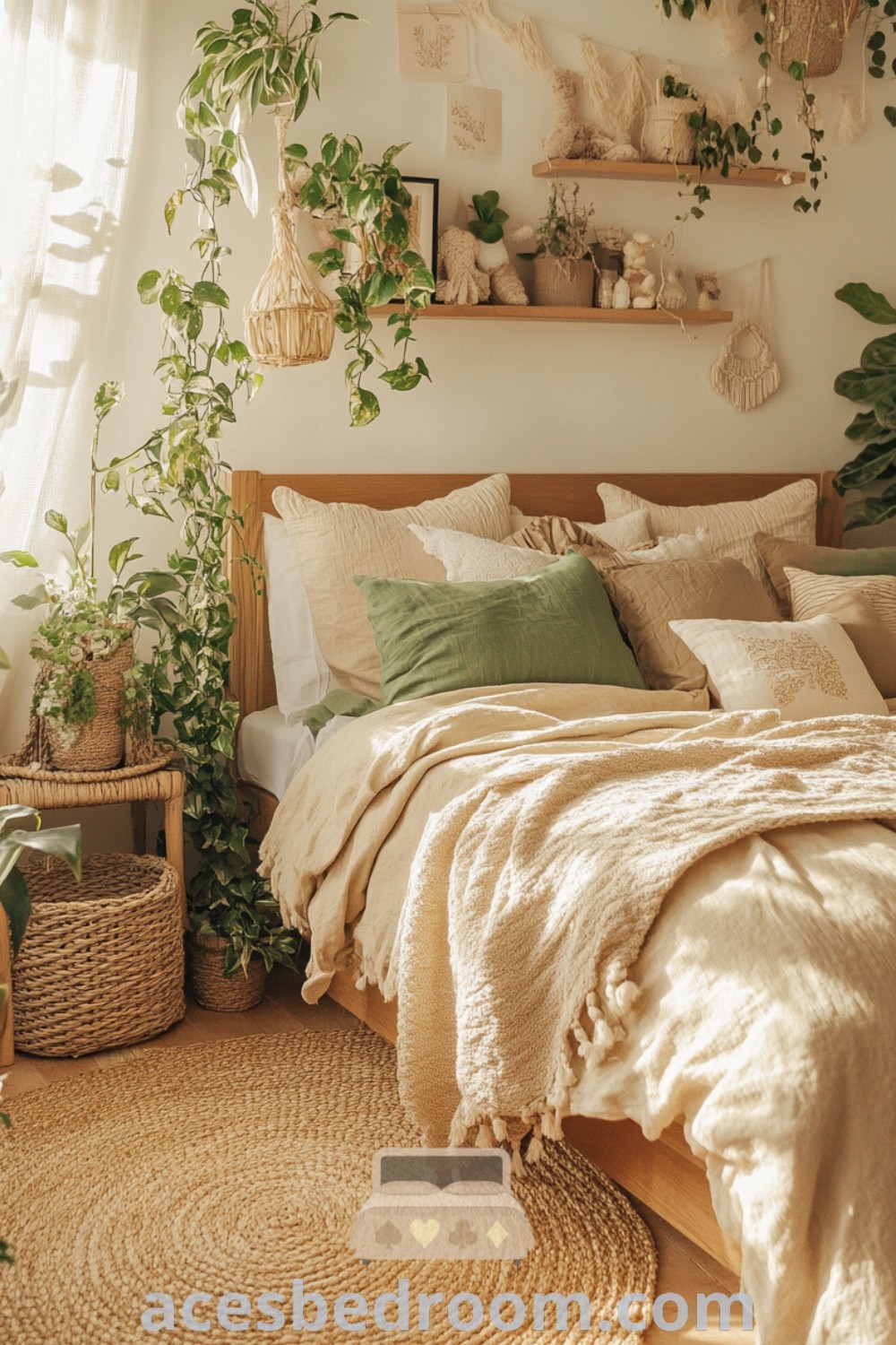 A neutral cottage bedroom featuring a bed with abundant pillows, plants on the headboard, and a cozy rug, showcasing earthy tones and a soft room aesthetic. This inspiring setup offers unique decor ideas for a stylish and calming atmosphere. Discover more cozy home inspirations at acesbedroom.com.
