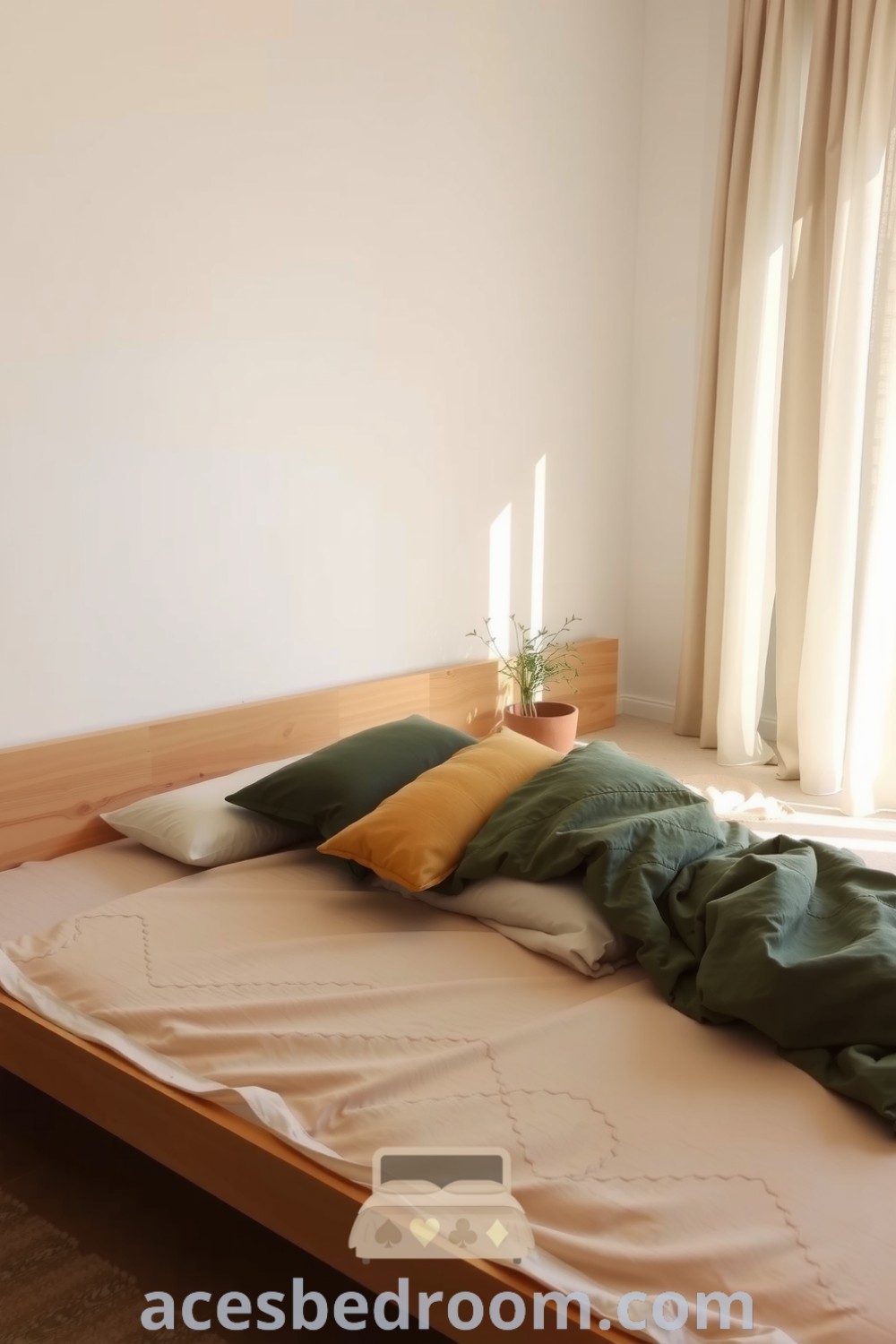 Cozy Japandi bedroom featuring light oak furniture, muted green and gray quilt, textured linens, and a small terracotta plant, creating a tranquil and inviting atmosphere, showcased on acesbedroom.com.