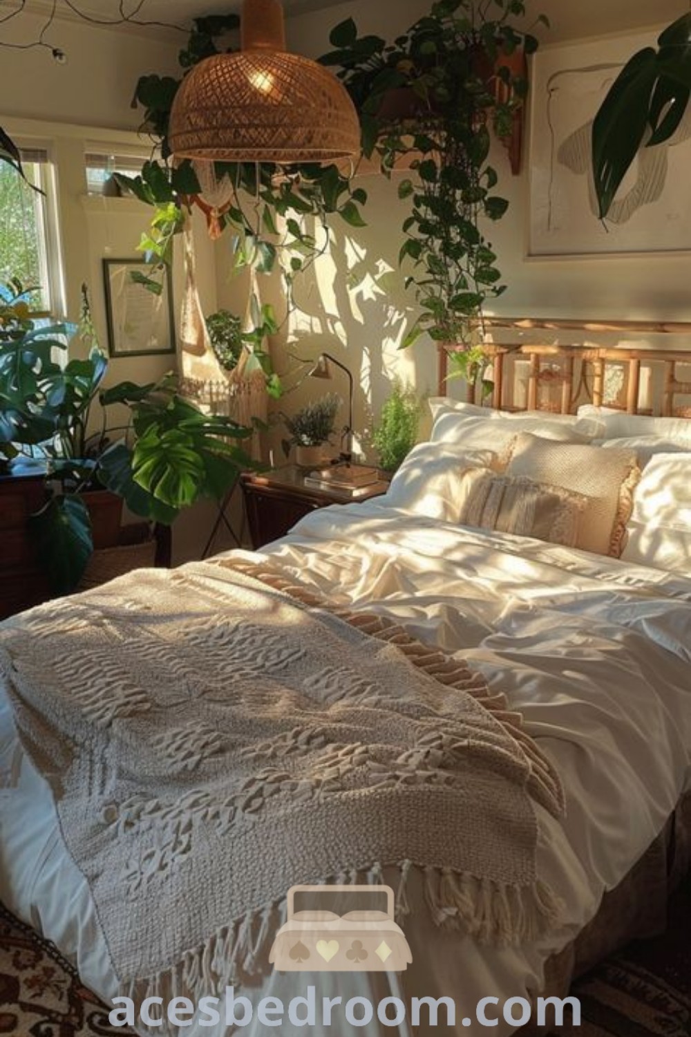 A cozy bedroom showcasing a large bed next to a potted plant, complemented by a stylish rug. This space embodies Cottage Core aesthetics, serving as a dream apartment decor inspiration with cozy design ideas. Enhance your home with inviting decor inspirations for a warm and sophisticated look. Discover more at acesbedroom.com.