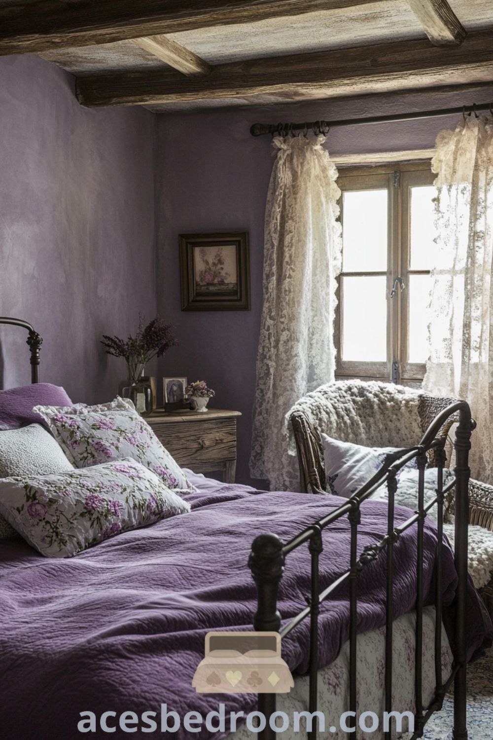 Cozy and charming Modern French Country Bedroom on acesbedroom.com featuring lavender walls, elegant wooden furniture, inviting decor ideas, and cozy inspirations that enhance warmth and relaxation.